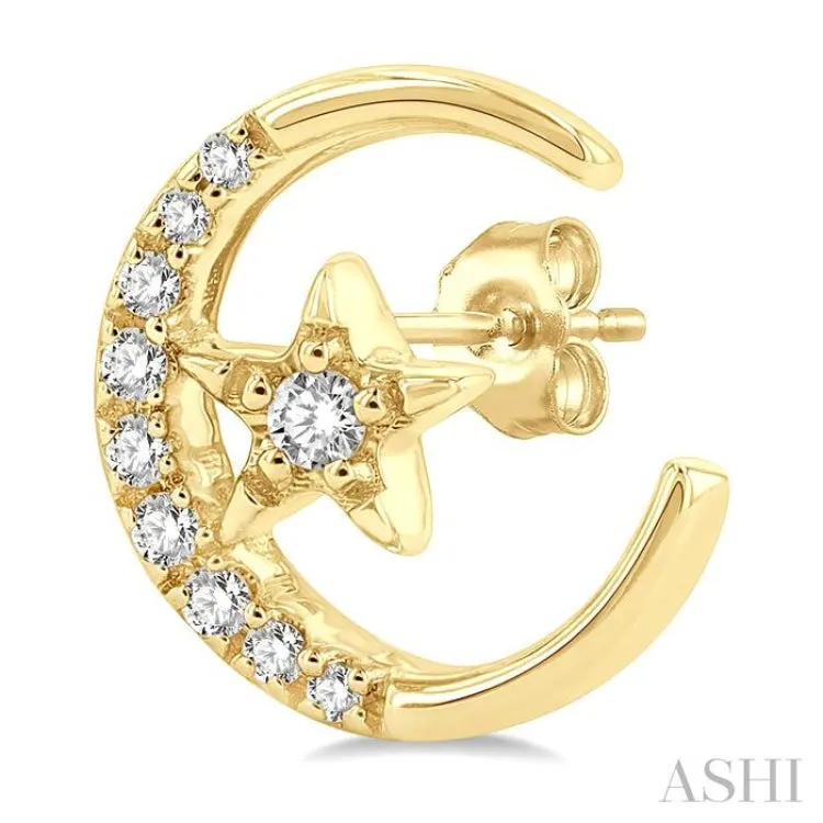 1/10 ctw Petite Islamic Symbol Crescent Moon and Star Round Cut Diamond Fashion Stud Earring in 10K Yellow Gold