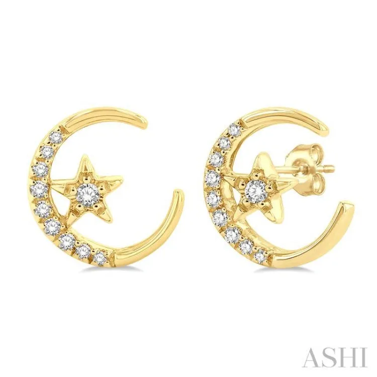 1/10 ctw Petite Islamic Symbol Crescent Moon and Star Round Cut Diamond Fashion Stud Earring in 10K Yellow Gold