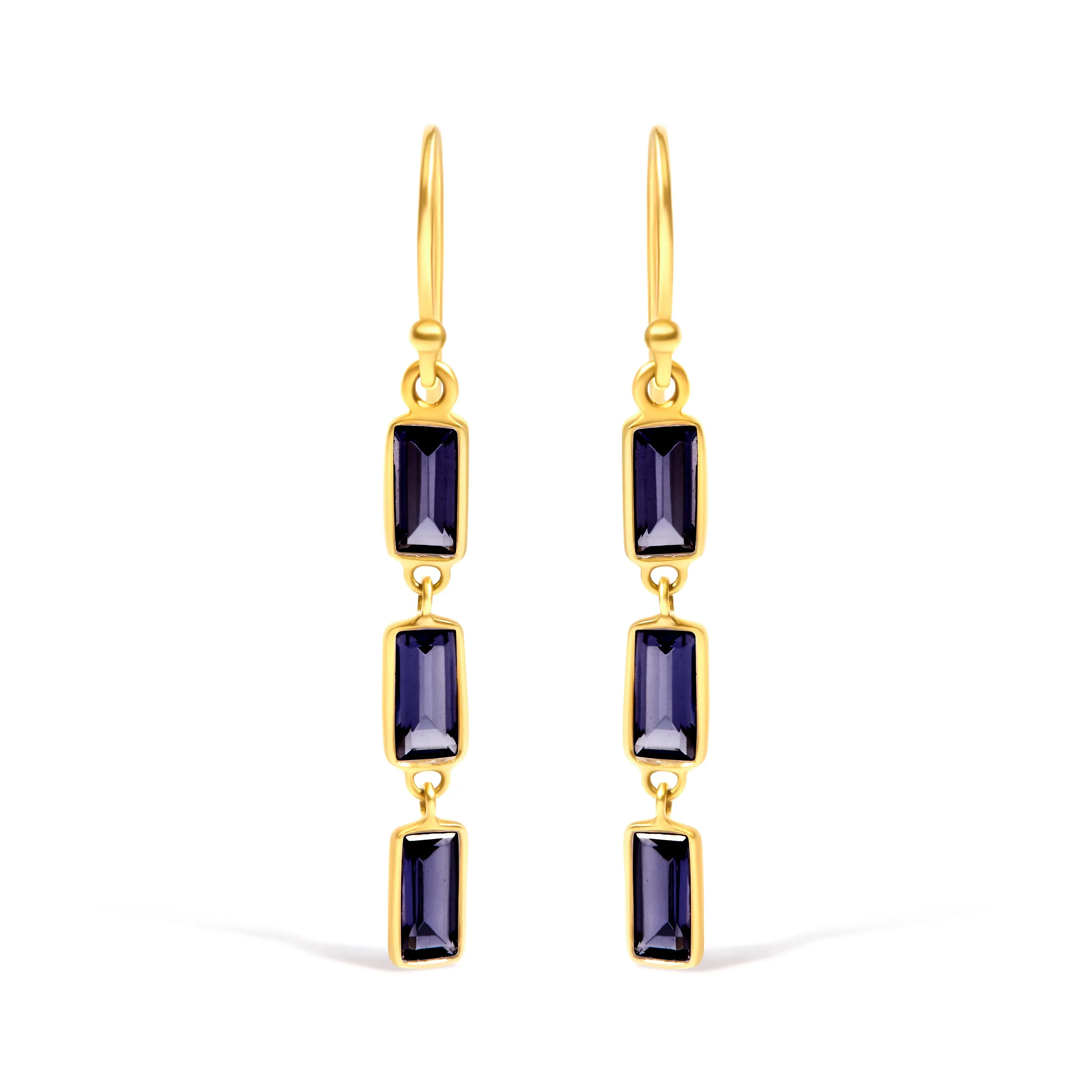 18K Yellow Gold 8x3 MM Bezel Set Purple Baguette Iolite Stiletto 1 1/2 Inch" Dangle Earrings