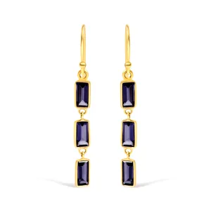 18K Yellow Gold 8x3 MM Bezel Set Purple Baguette Iolite Stiletto 1 1/2 Inch" Dangle Earrings
