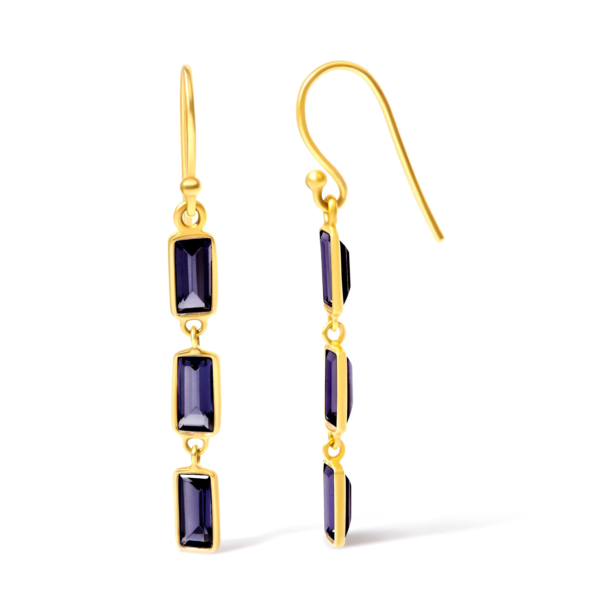 18K Yellow Gold 8x3 MM Bezel Set Purple Baguette Iolite Stiletto 1 1/2 Inch" Dangle Earrings