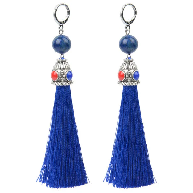 19 Styles Silk Boho Long Tassel Earrings Tiger Eye Lava Natural Stone Earrings Bohemian Women Dangle Earrings Gifts Jewelry