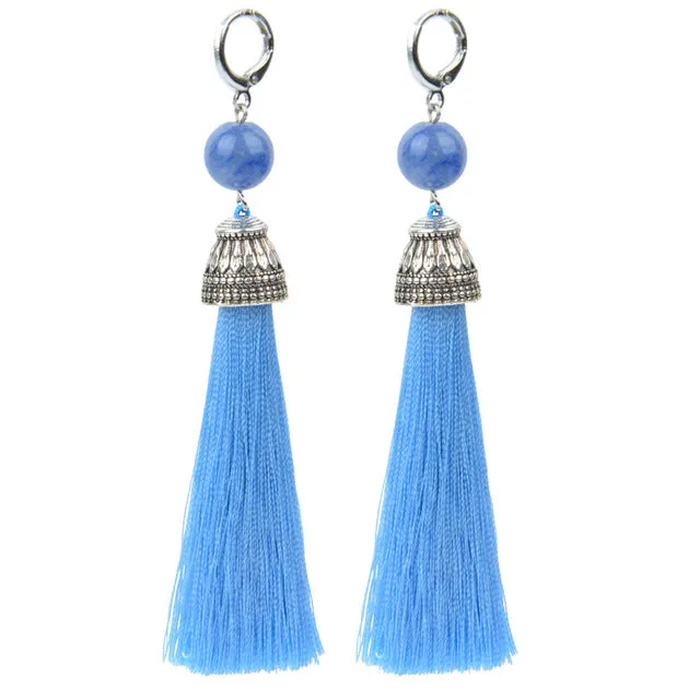 19 Styles Silk Boho Long Tassel Earrings Tiger Eye Lava Natural Stone Earrings Bohemian Women Dangle Earrings Gifts Jewelry