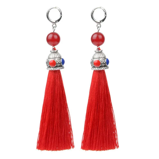 19 Styles Silk Boho Long Tassel Earrings Tiger Eye Lava Natural Stone Earrings Bohemian Women Dangle Earrings Gifts Jewelry