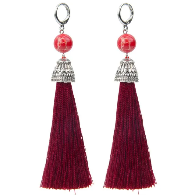19 Styles Silk Boho Long Tassel Earrings Tiger Eye Lava Natural Stone Earrings Bohemian Women Dangle Earrings Gifts Jewelry