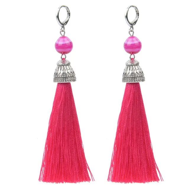 19 Styles Silk Boho Long Tassel Earrings Tiger Eye Lava Natural Stone Earrings Bohemian Women Dangle Earrings Gifts Jewelry