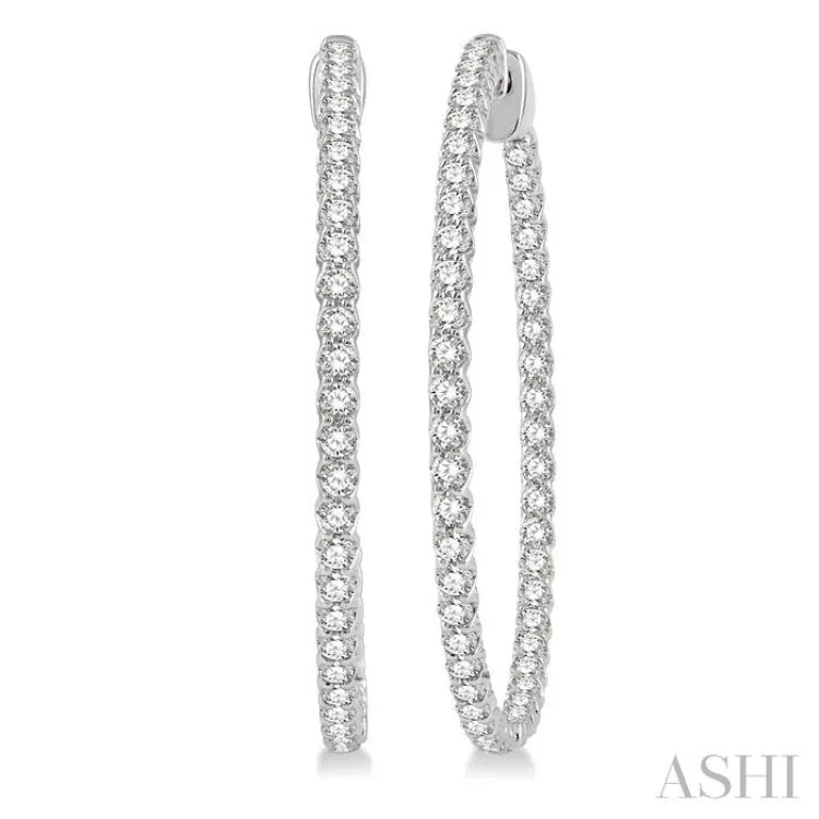 3 ctw Round Cut Diamond In & Out 1 1/2 Inch Hoop Earrings in 14K White Gold