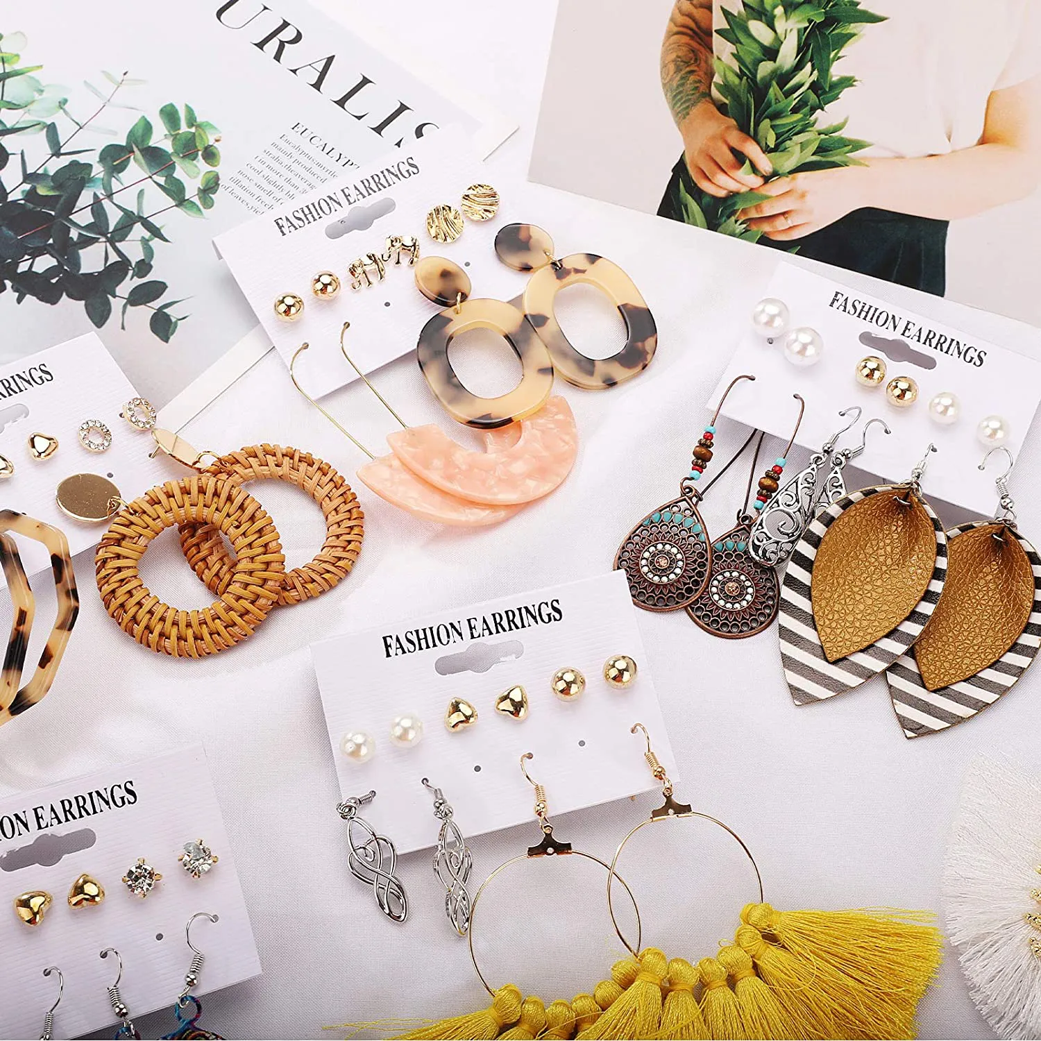 47 Pairs Fashion Earrings for Women Girls, Boho Statement Tassel Rattan Leather Earrings Ethnic Fashion Butterfly Stud Acrylic Hoop Silver Drop Dangle Earrings Set for Birthday Everyday Jewelry Gift