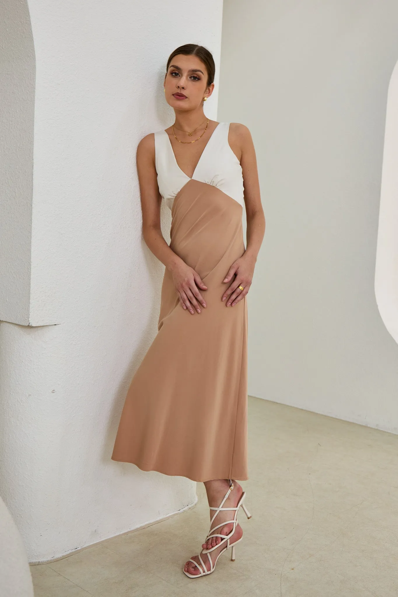 Aeisha Beige Cupro Bias Midi Dress