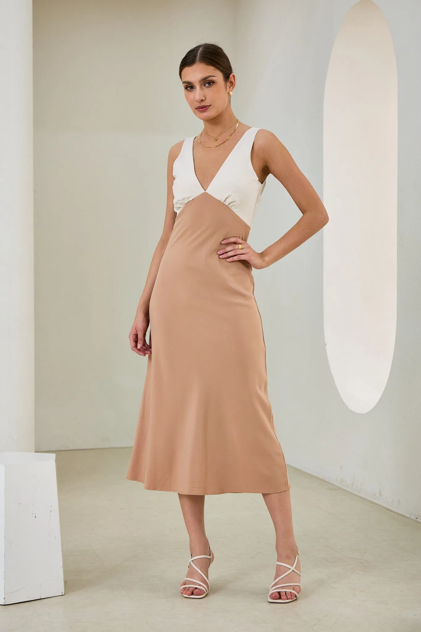 Aeisha Beige Cupro Bias Midi Dress
