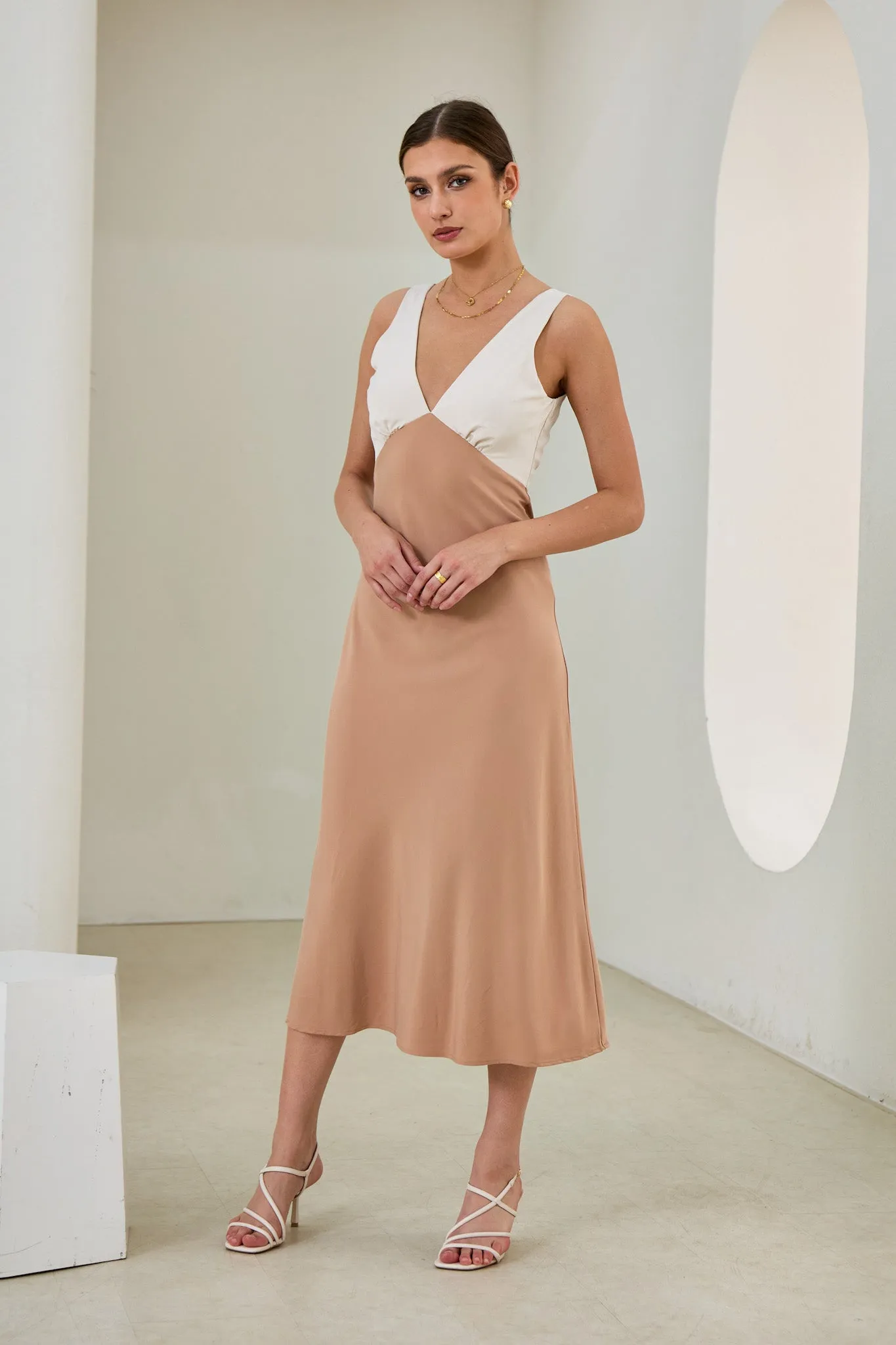 Aeisha Beige Cupro Bias Midi Dress