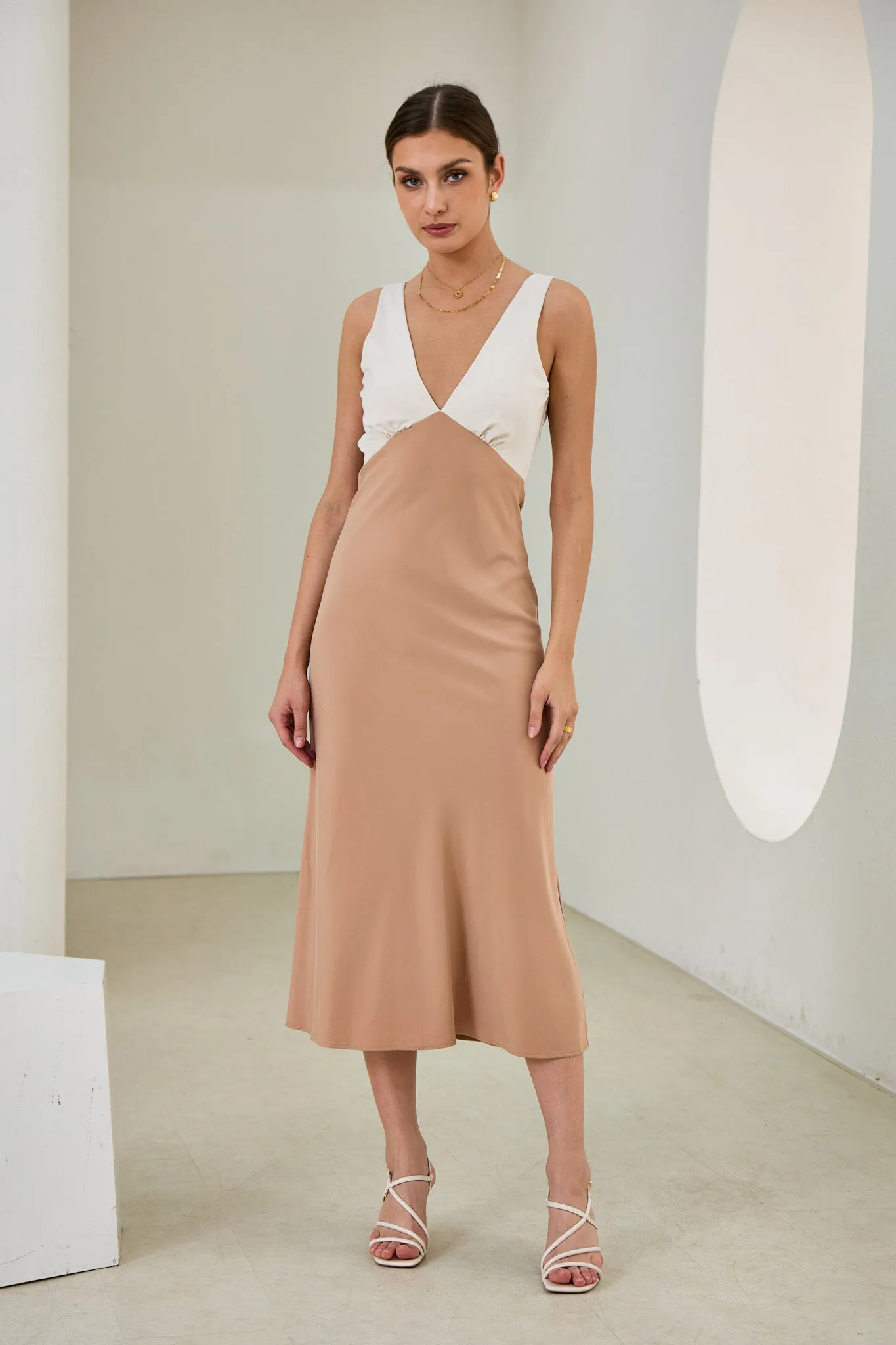 Aeisha Beige Cupro Bias Midi Dress