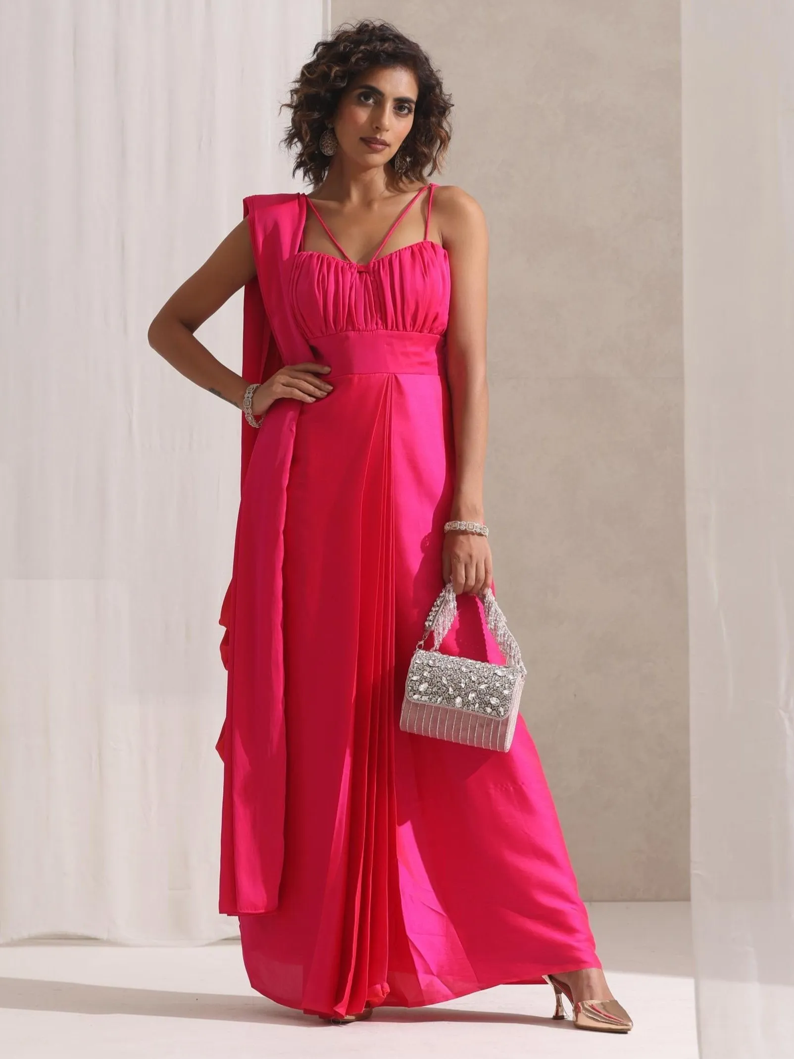 All is Well - 1 Pc Dress Saree with Adjustable Straps in Fuschia Satin