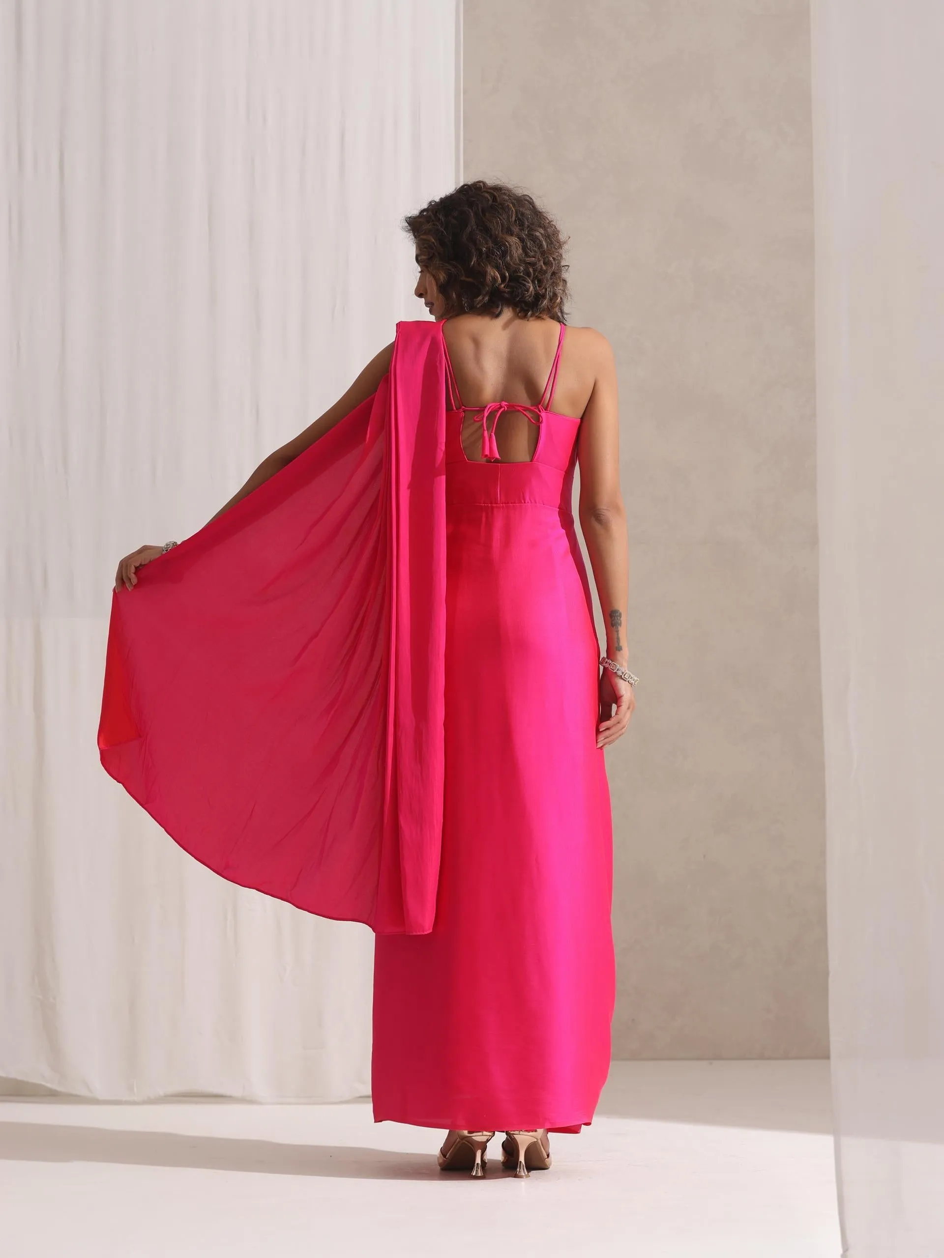 All is Well - 1 Pc Dress Saree with Adjustable Straps in Fuschia Satin