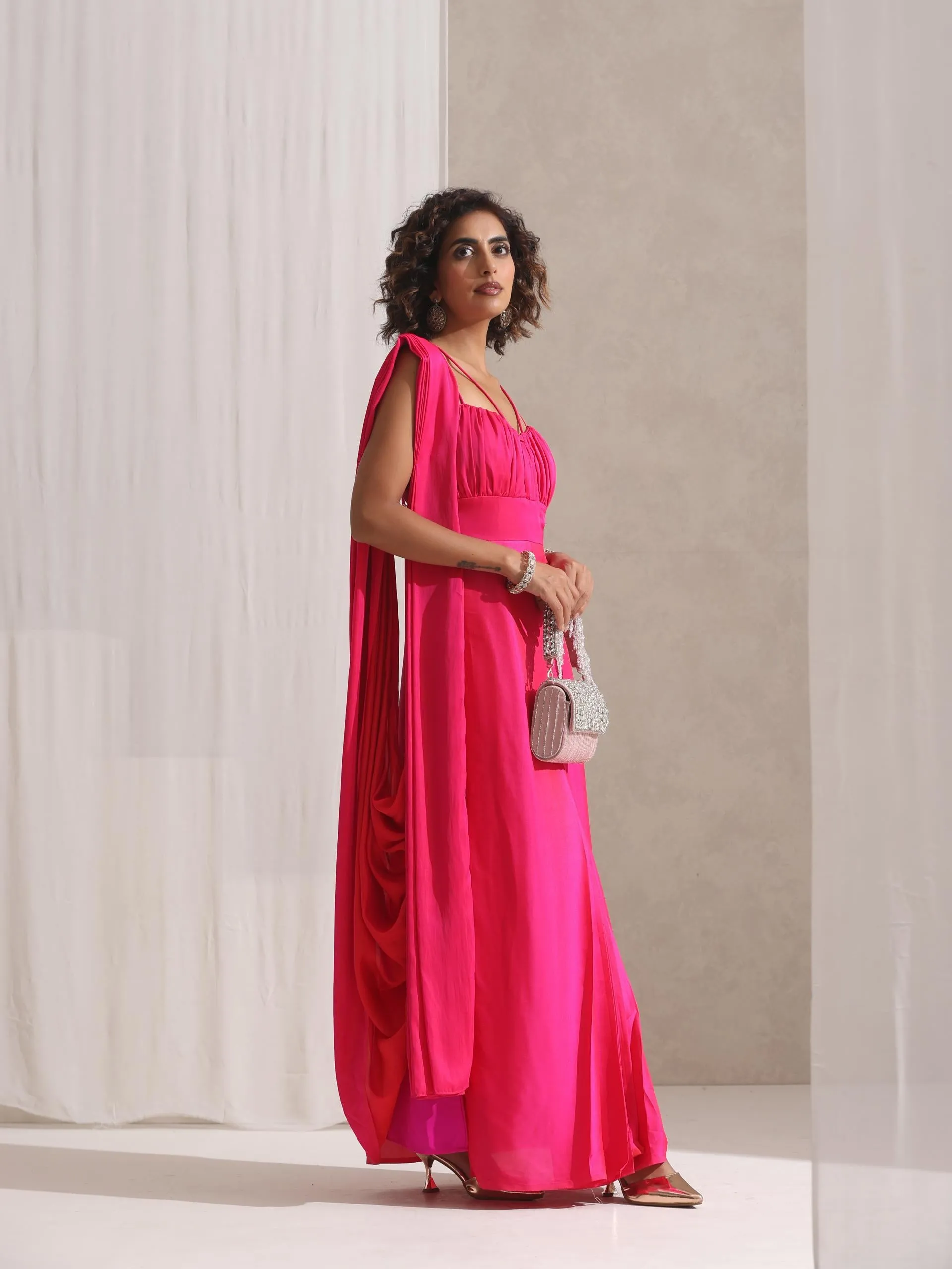 All is Well - 1 Pc Dress Saree with Adjustable Straps in Fuschia Satin