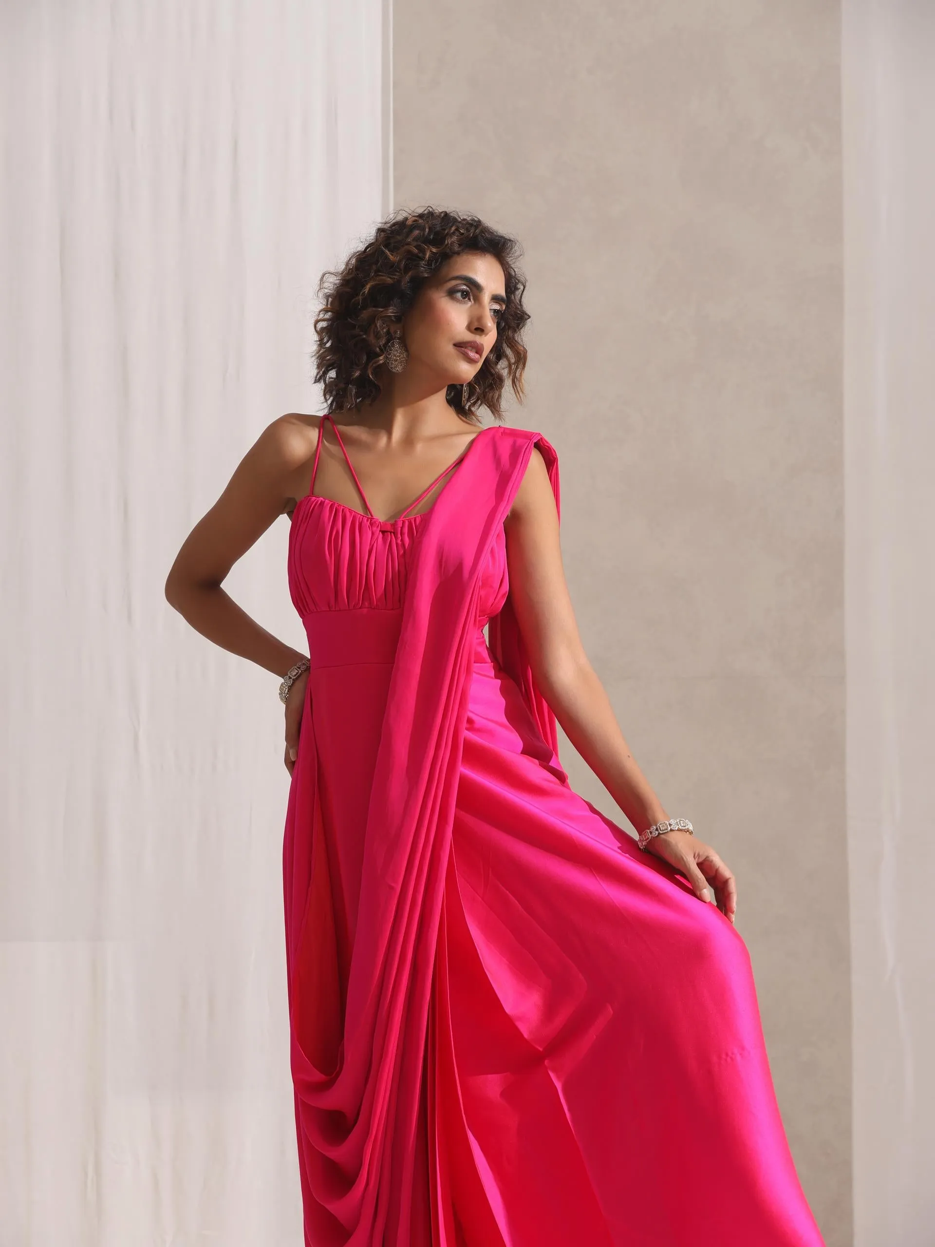 All is Well - 1 Pc Dress Saree with Adjustable Straps in Fuschia Satin