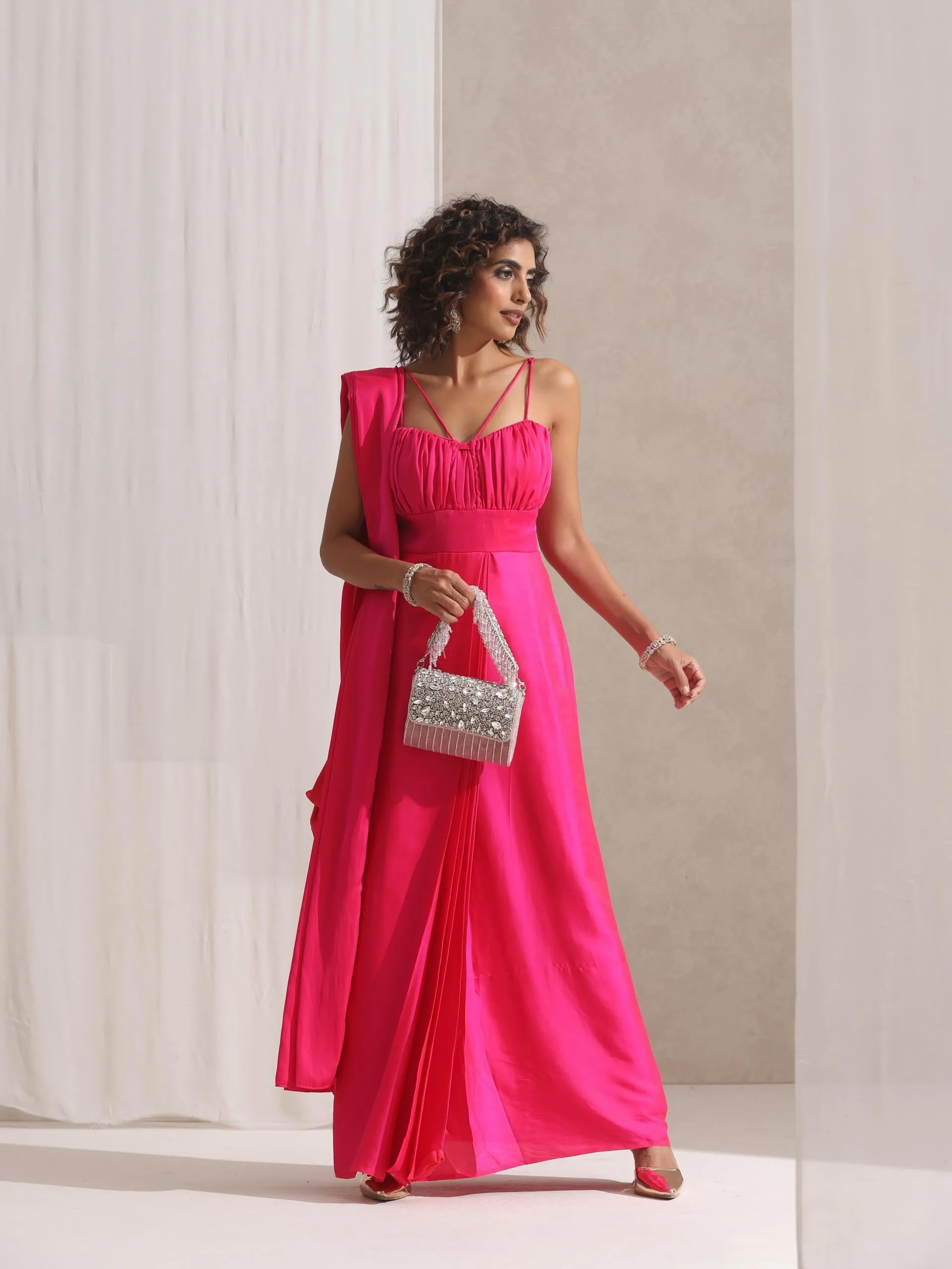 All is Well - 1 Pc Dress Saree with Adjustable Straps in Fuschia Satin