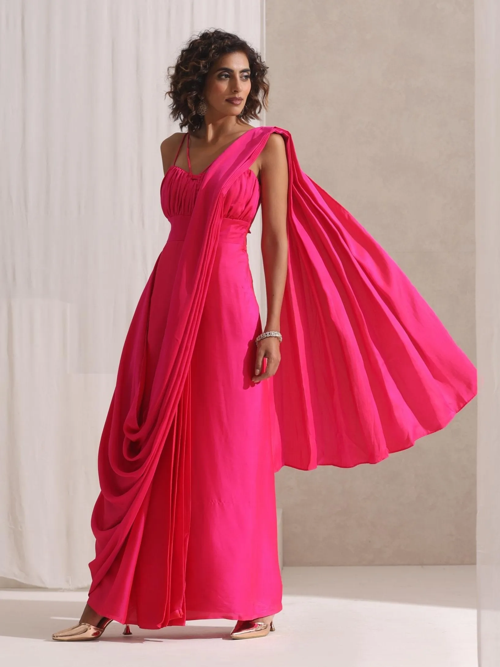 All is Well - 1 Pc Dress Saree with Adjustable Straps in Fuschia Satin