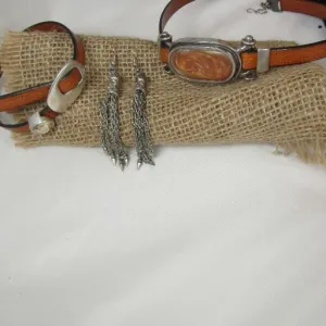 Amber Leather Ribbon Choker & Bracelet & Earrings Jewelry Set