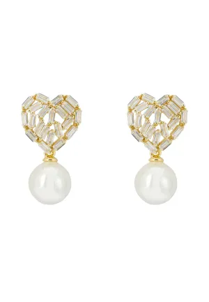 Baguette Heart Classic Pearl Drop Earrings Gold