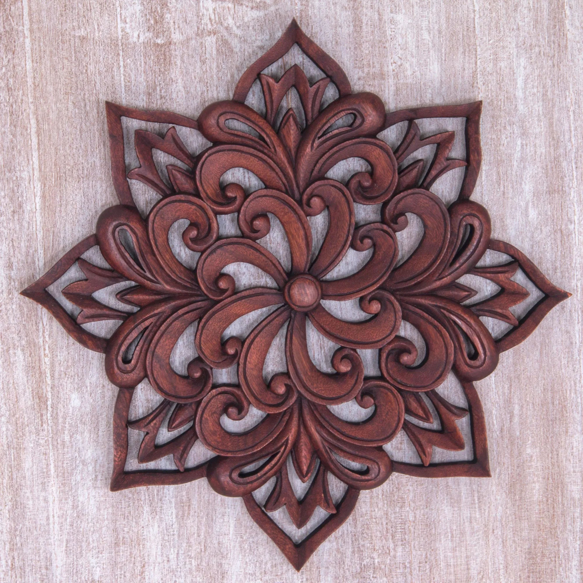 Balinese Spiral Flower Hand Carved Floral Wood Wall Relief from Indonesia