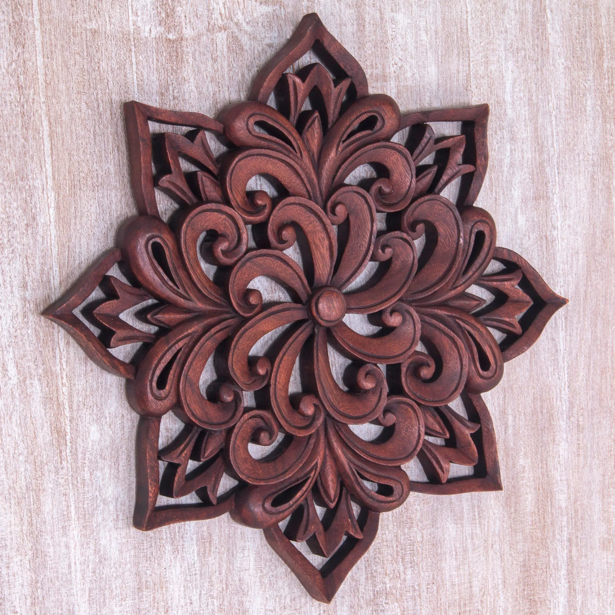 Balinese Spiral Flower Hand Carved Floral Wood Wall Relief from Indonesia