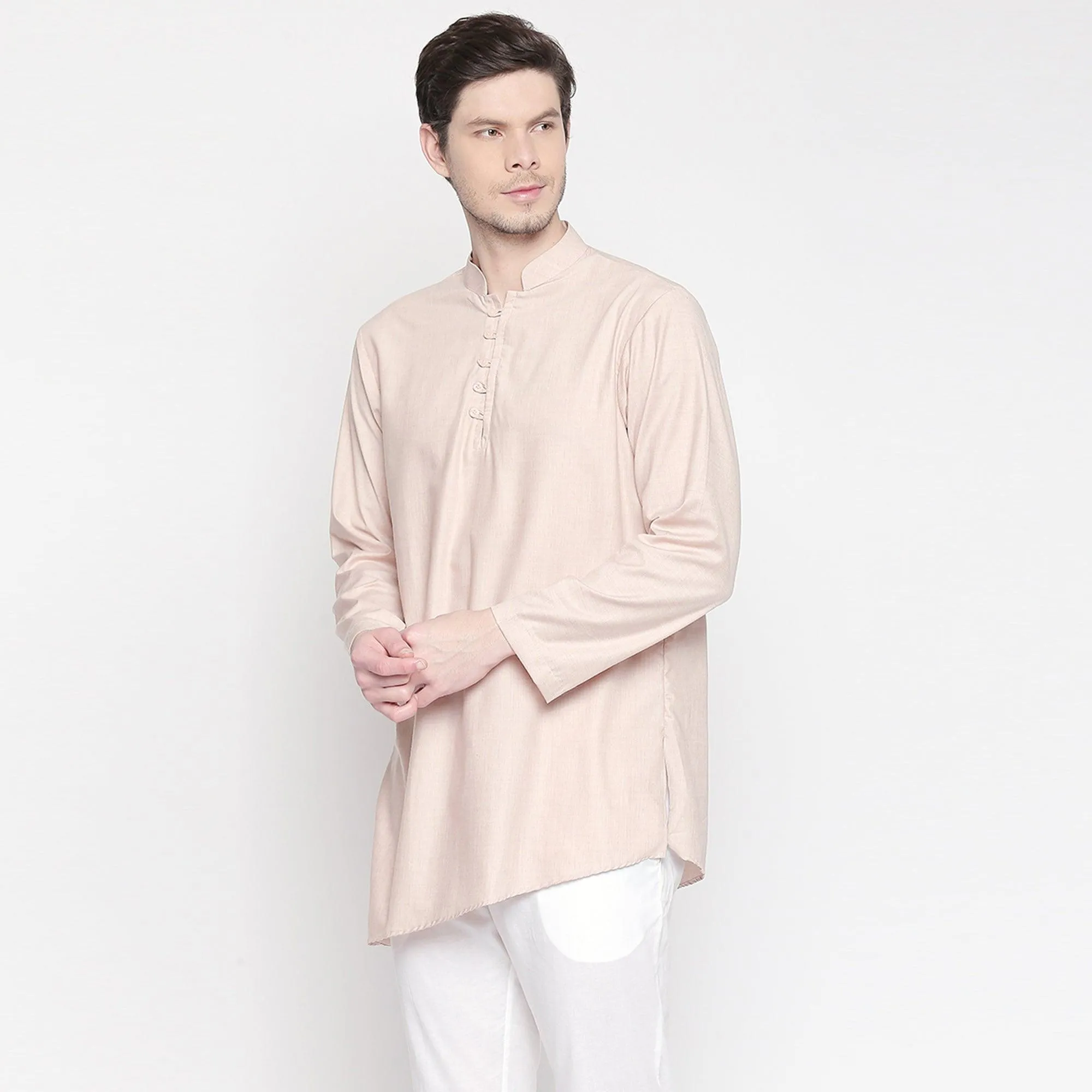 Beige Solid Pure Cotton Kurta With Asymmetric Hem