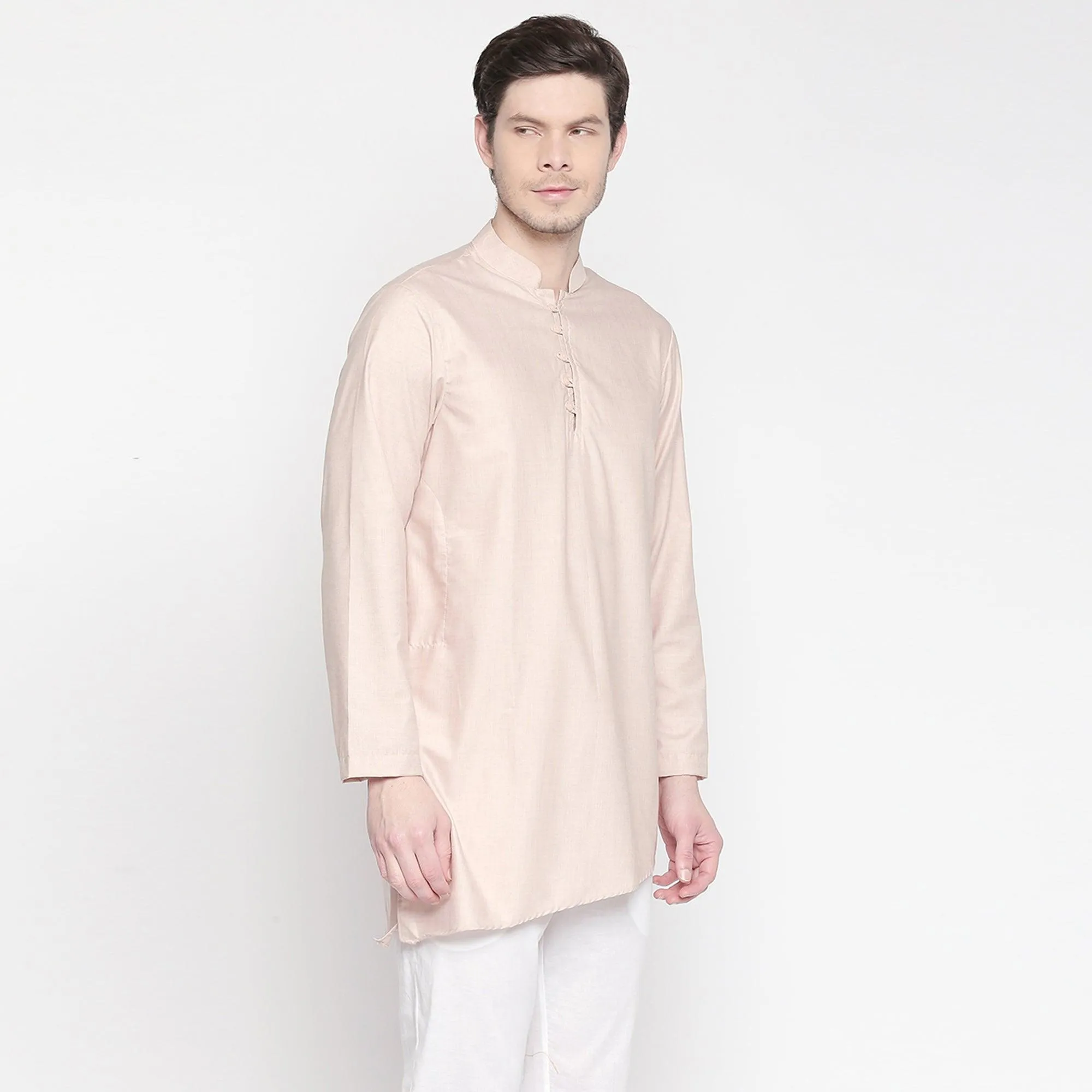 Beige Solid Pure Cotton Kurta With Asymmetric Hem