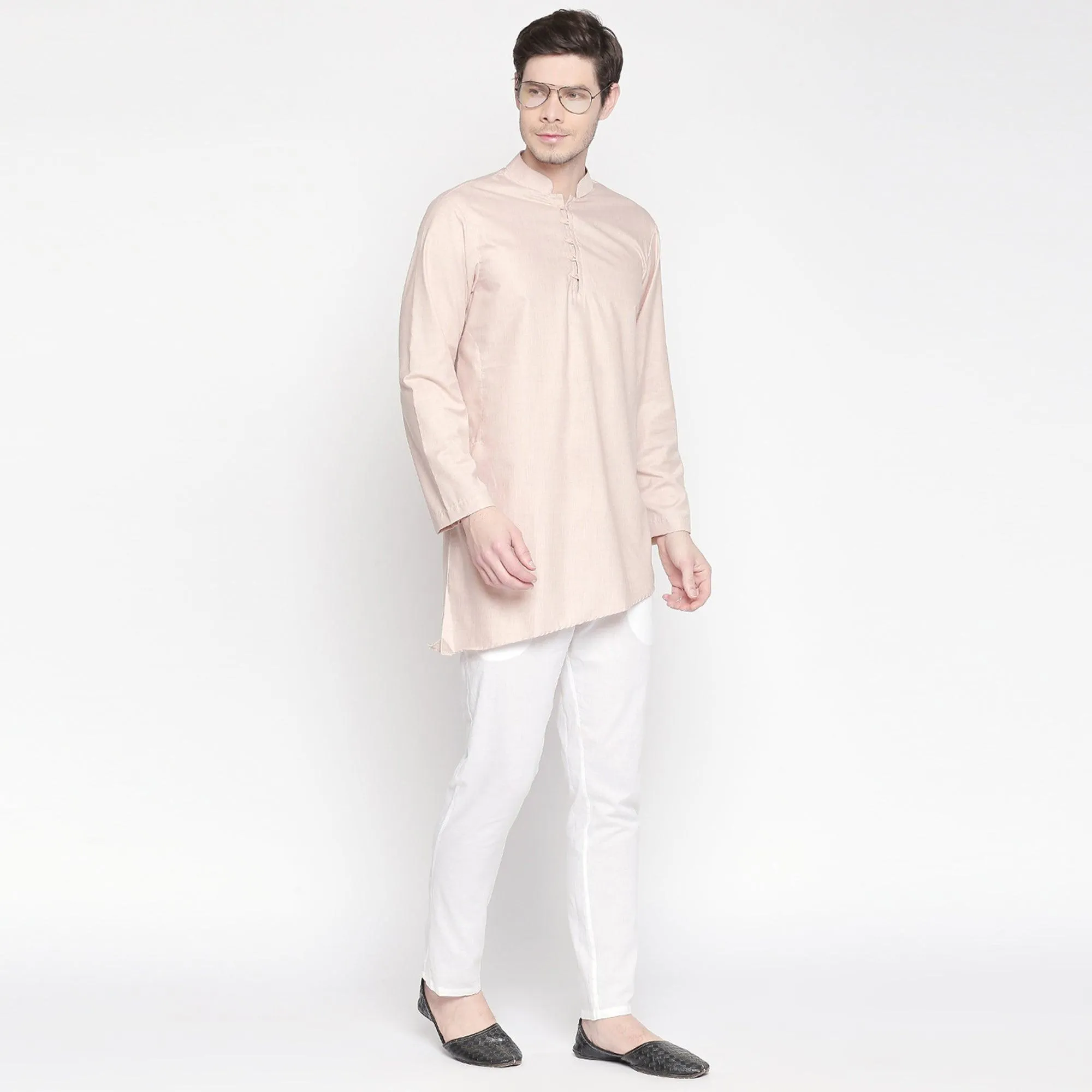 Beige Solid Pure Cotton Kurta With Asymmetric Hem
