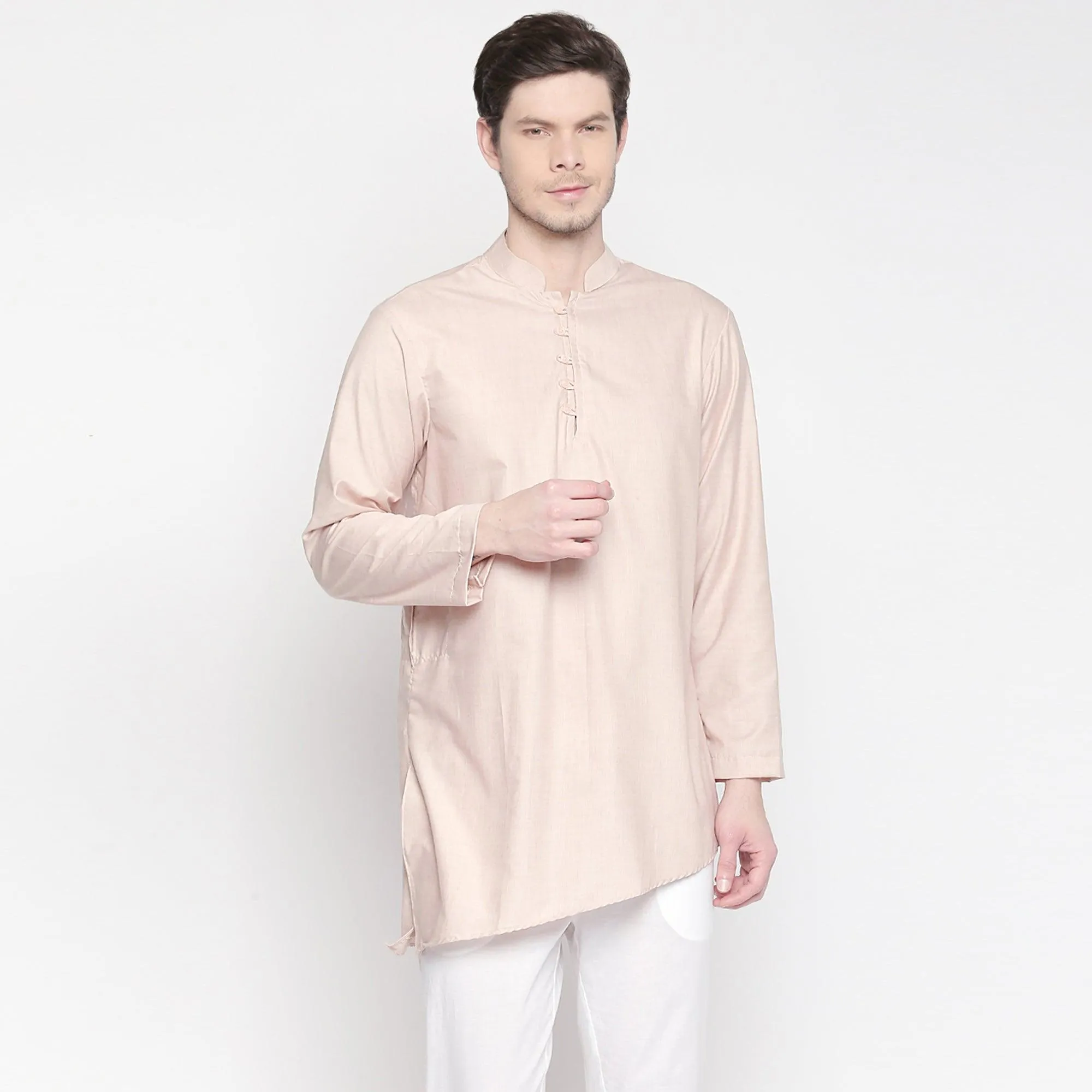 Beige Solid Pure Cotton Kurta With Asymmetric Hem