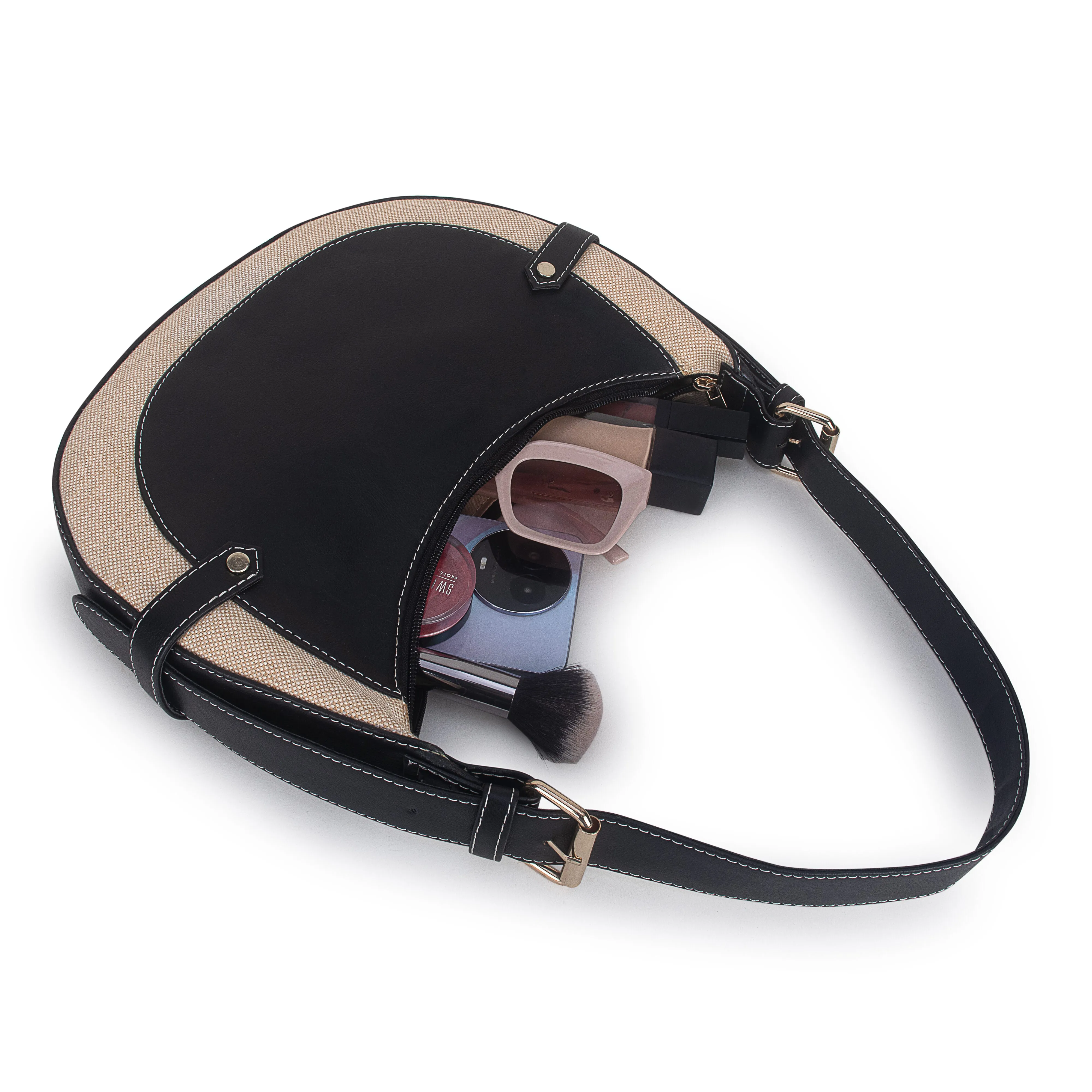 Black Beige Baguette Hand Bag