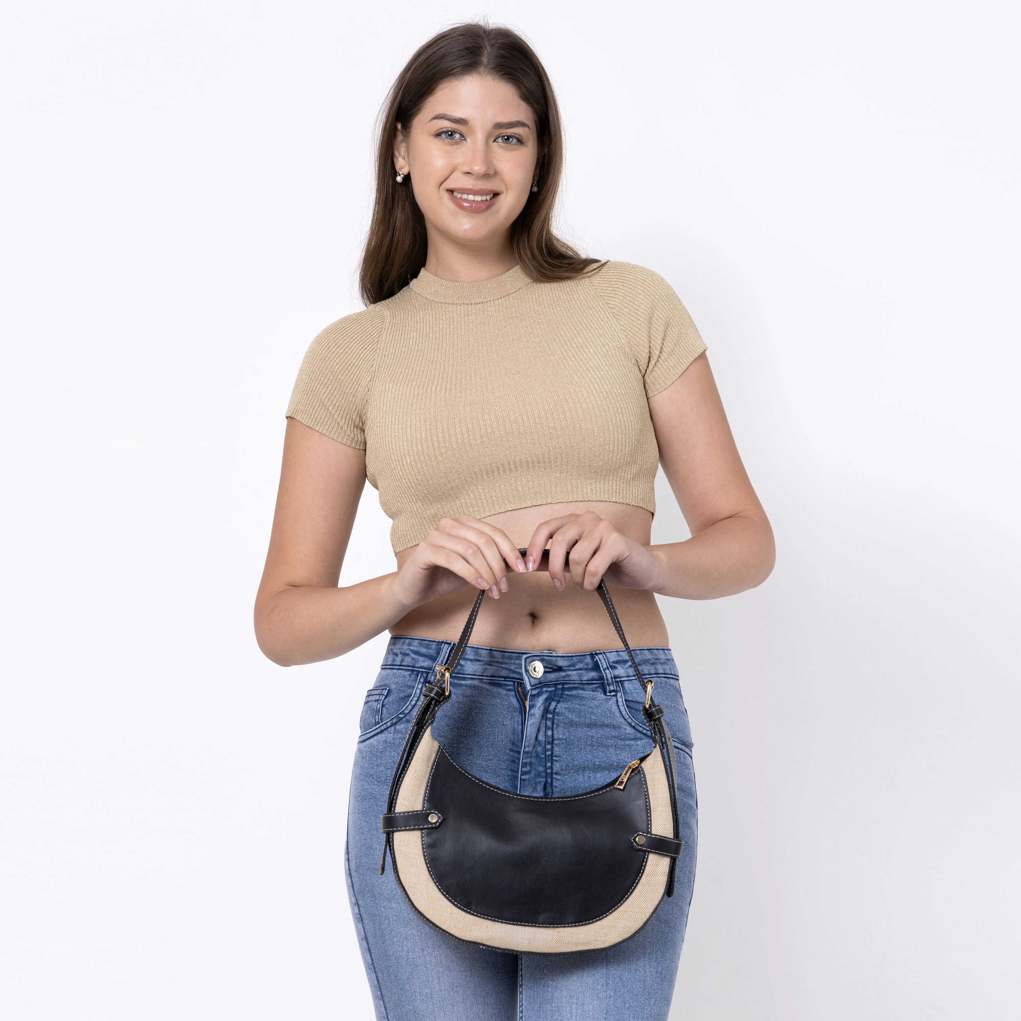 Black Beige Baguette Hand Bag