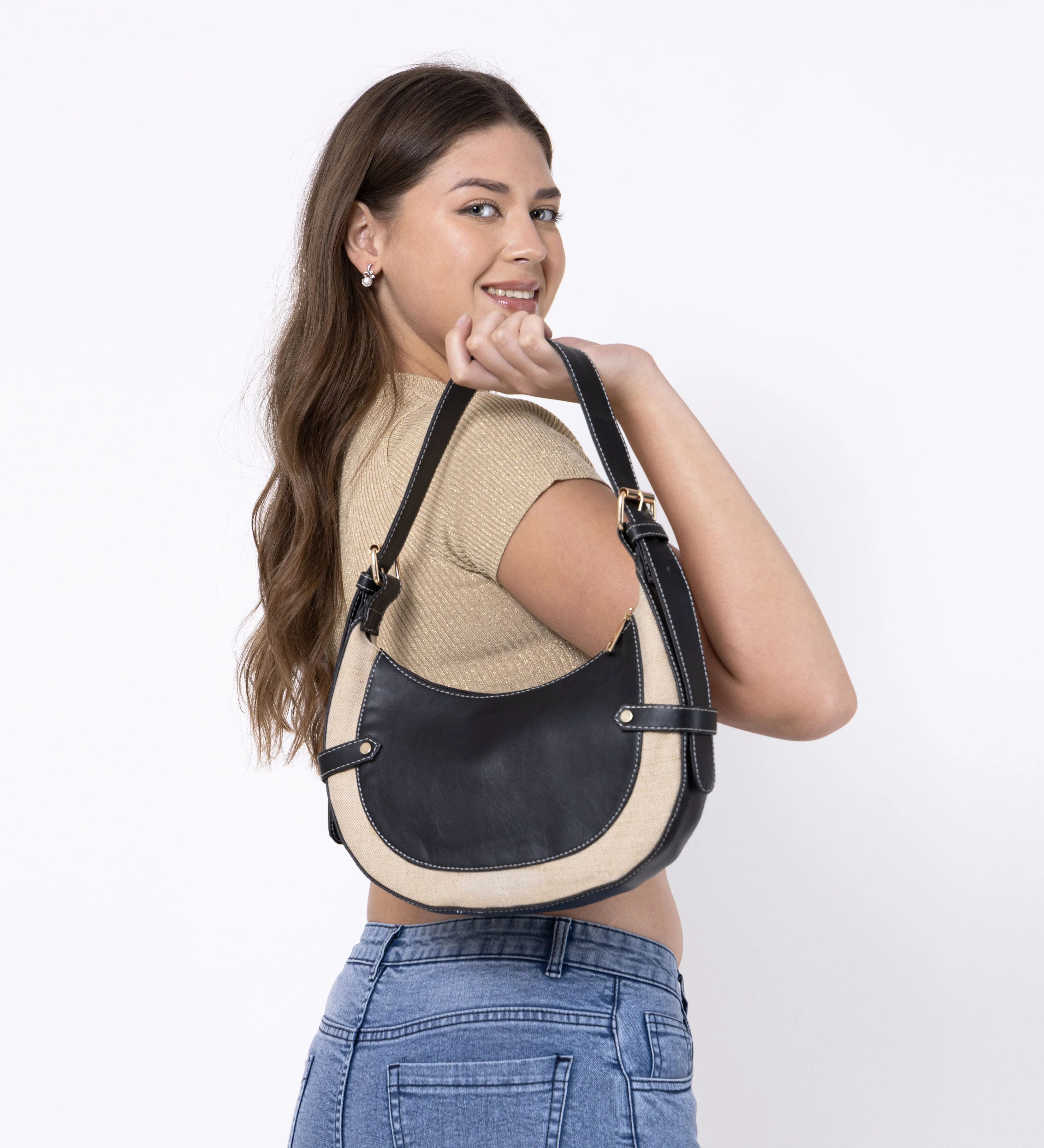 Black Beige Baguette Hand Bag