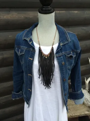 Black Leather Tassel Necklace With Pyrite