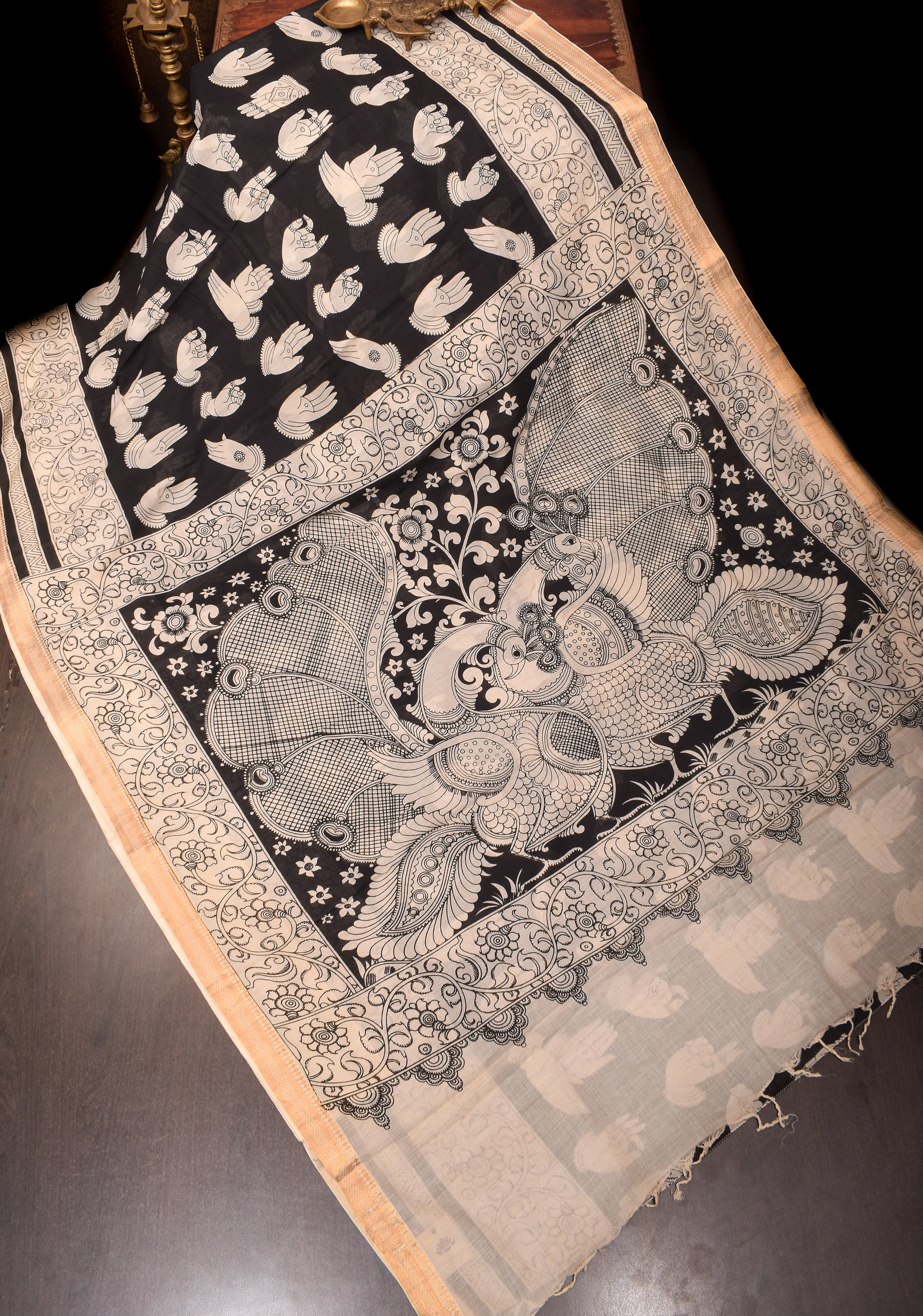 Black Mangalagiri Saree with Kalamkari Hasta Mudra motifs and Twin Peacock Screen Print