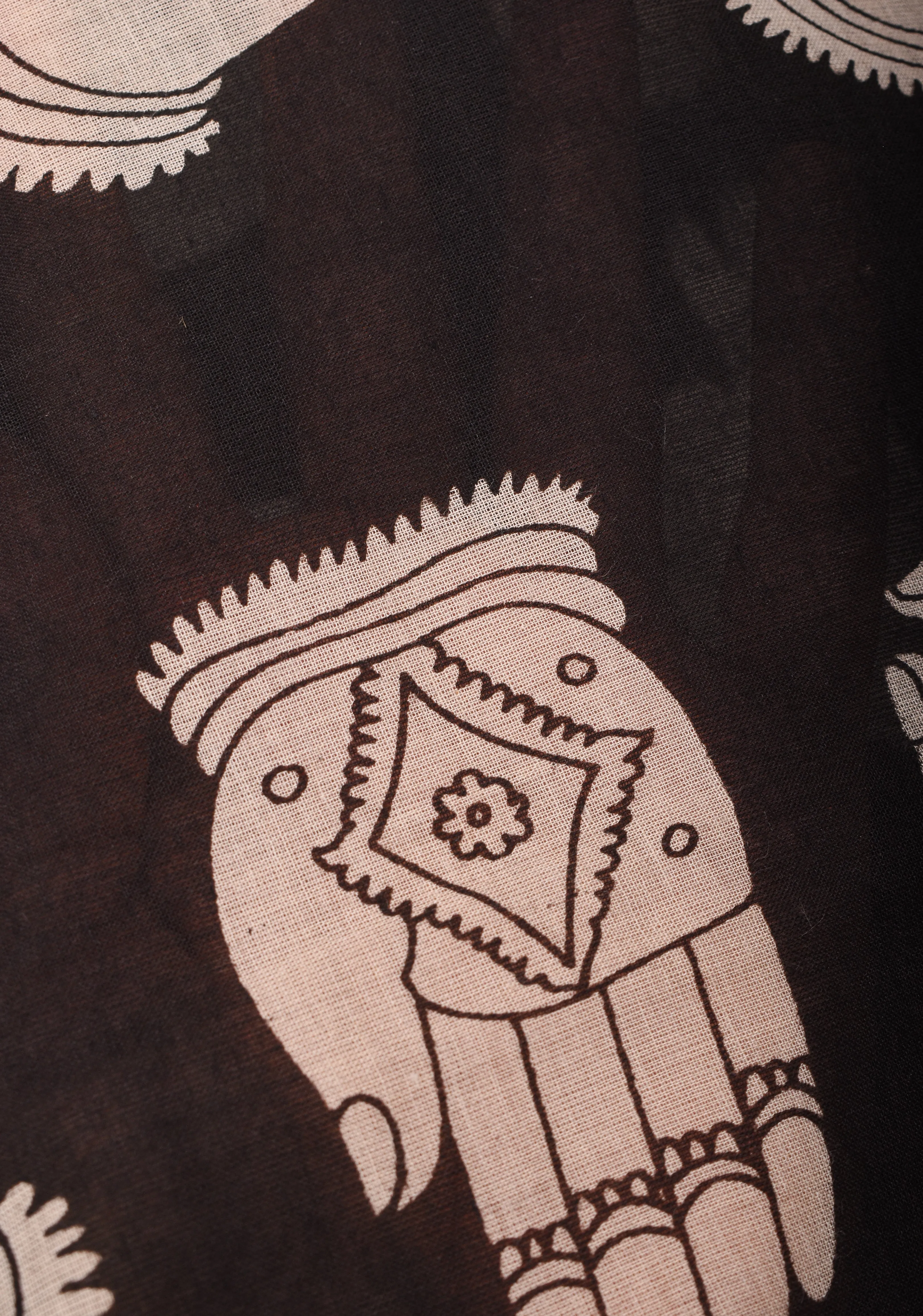 Black Mangalagiri Saree with Kalamkari Hasta Mudra motifs and Twin Peacock Screen Print