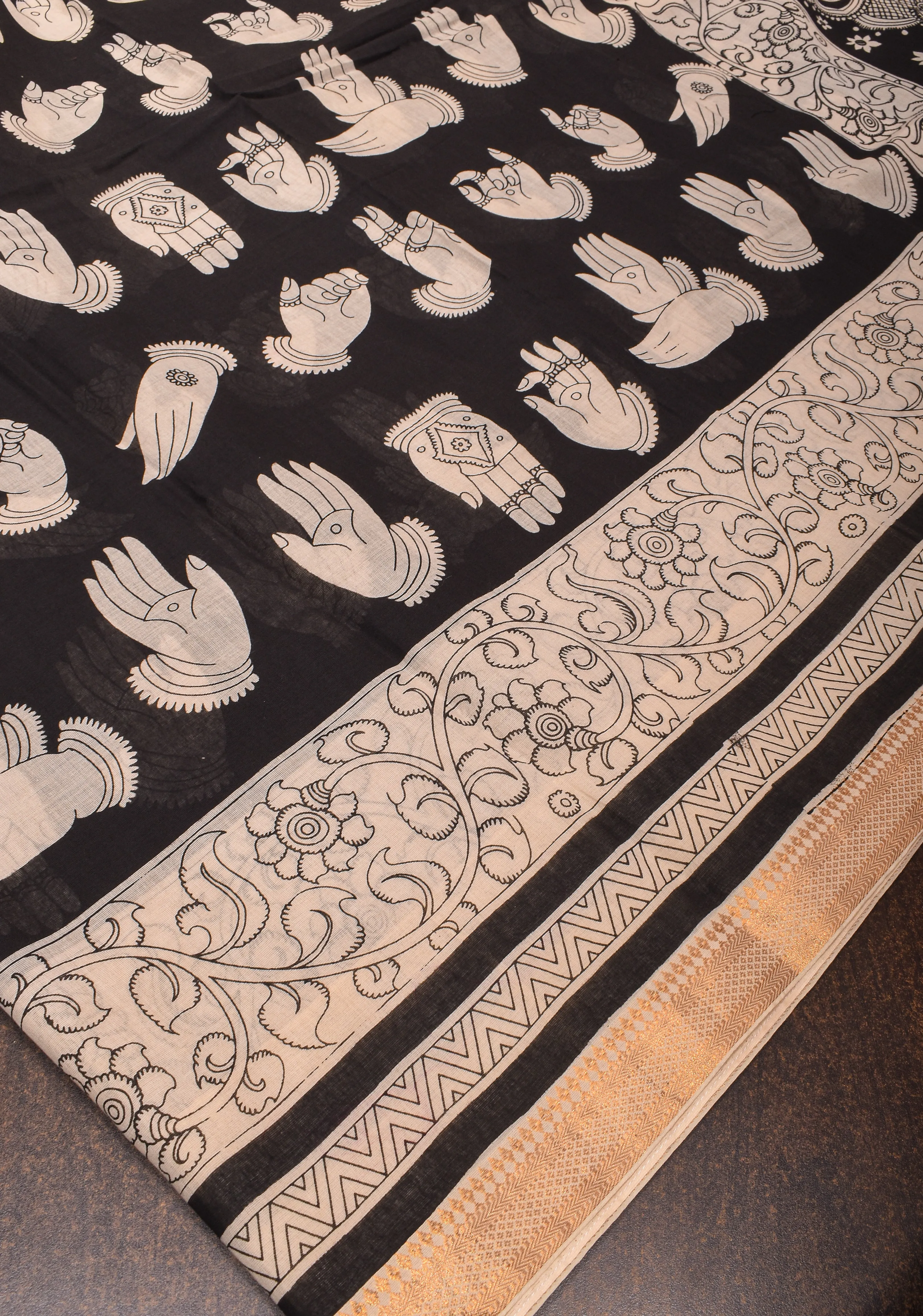 Black Mangalagiri Saree with Kalamkari Hasta Mudra motifs and Twin Peacock Screen Print