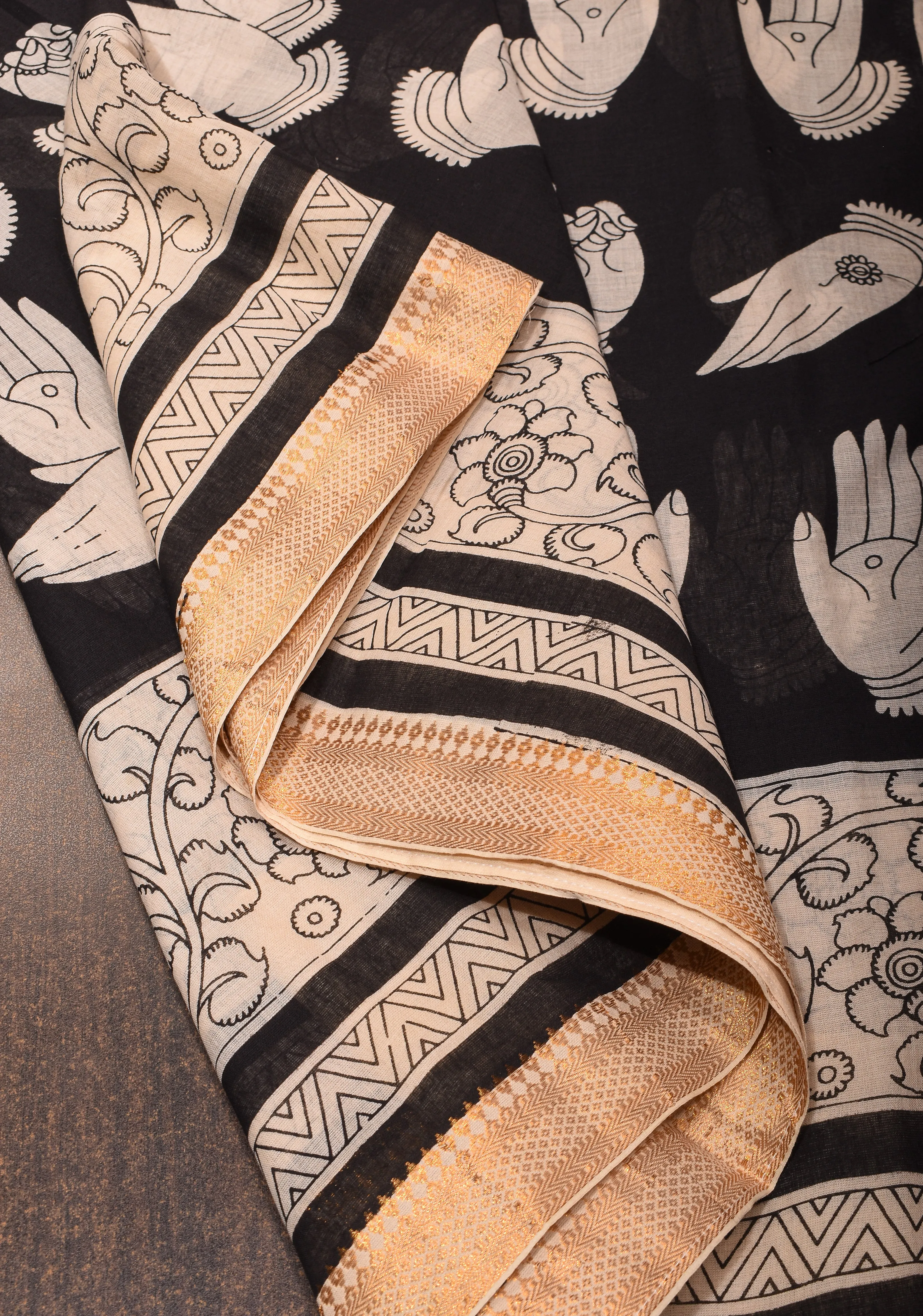 Black Mangalagiri Saree with Kalamkari Hasta Mudra motifs and Twin Peacock Screen Print