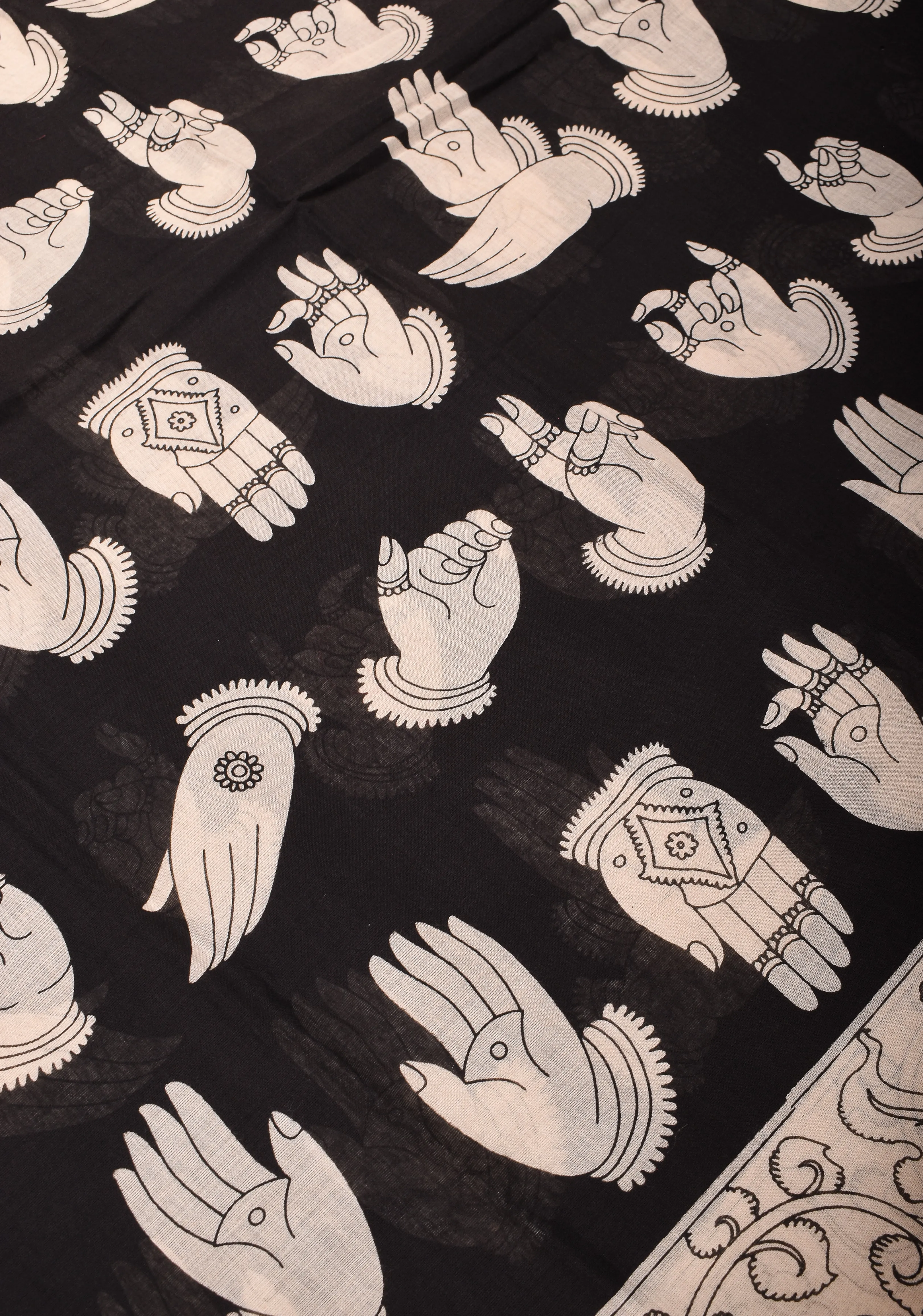Black Mangalagiri Saree with Kalamkari Hasta Mudra motifs and Twin Peacock Screen Print