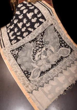 Black Mangalagiri Saree with Kalamkari Hasta Mudra motifs and Twin Peacock Screen Print