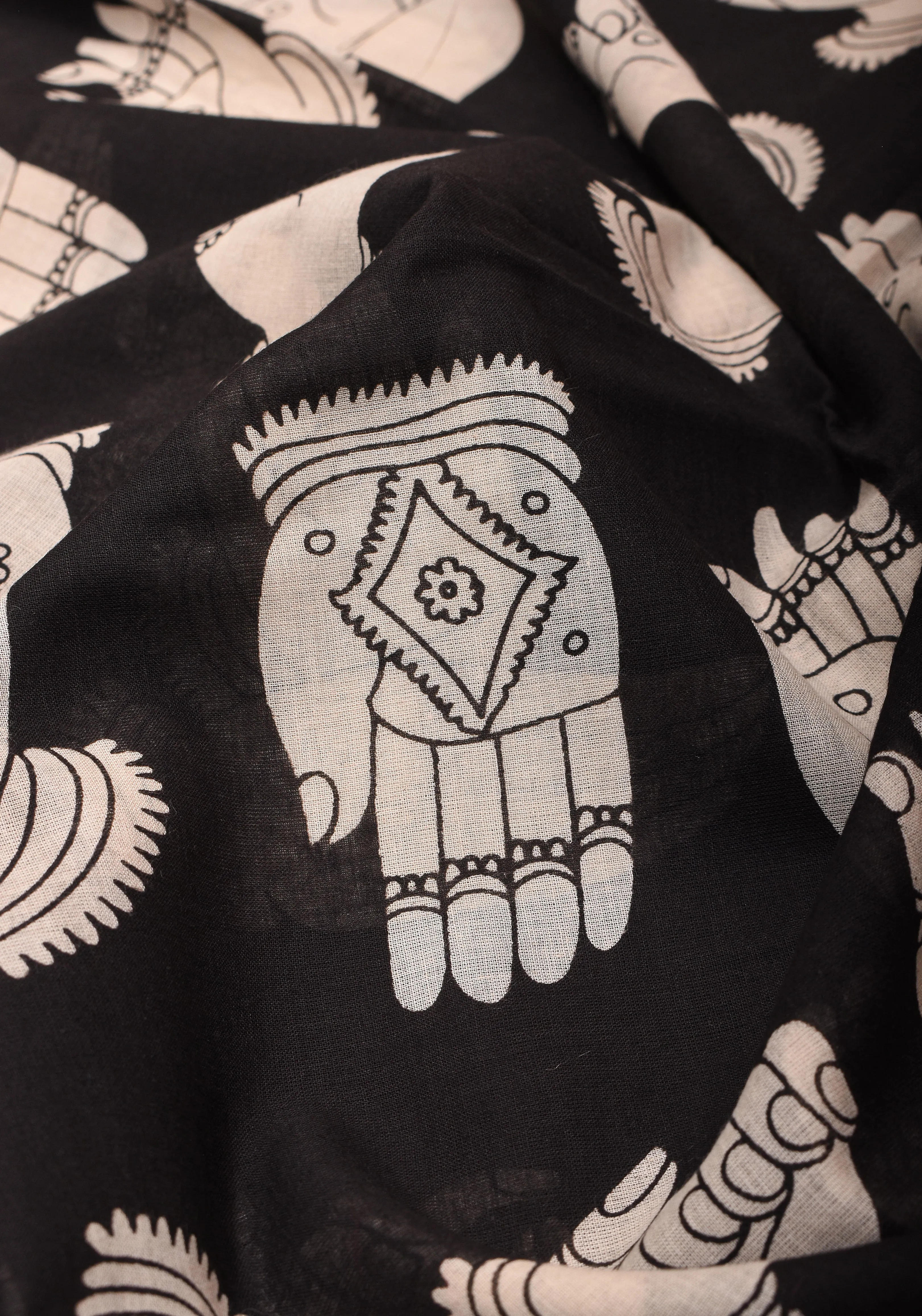 Black Mangalagiri Saree with Kalamkari Hasta Mudra motifs and Twin Peacock Screen Print