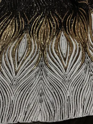 Bridal Black, Gold and White Embroider 4 Way Stretch Sequins Fabric By The Yard