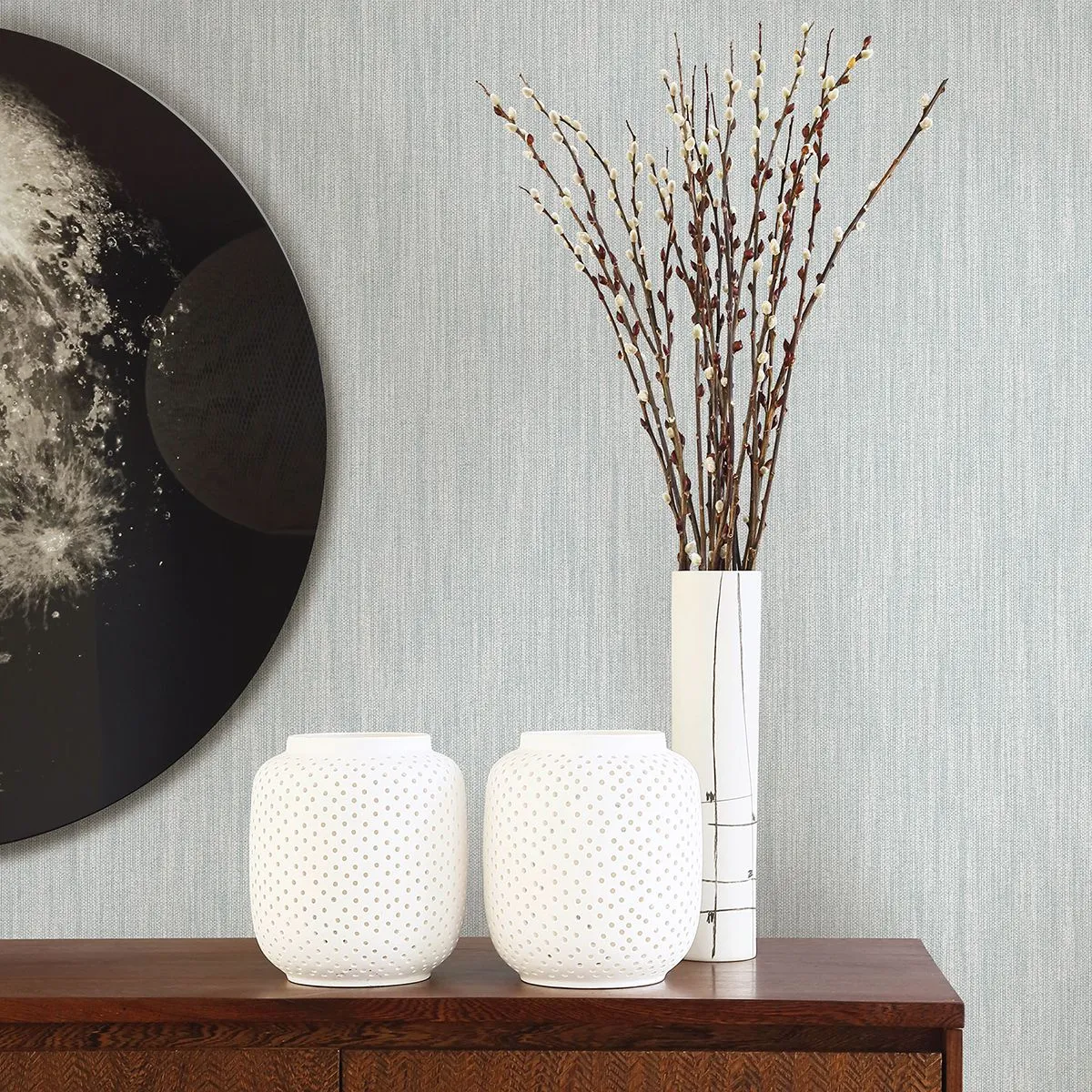 Chenille Faux Linen Wallpaper in Light Blue from the Bluebell Collection