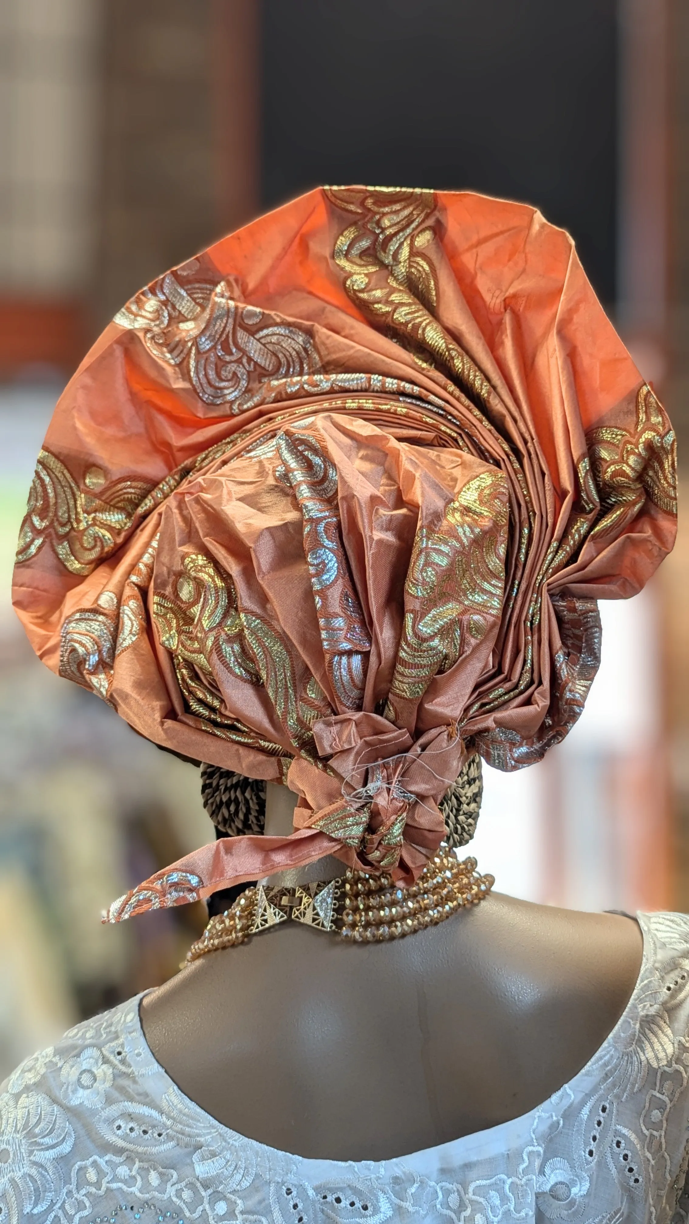 Dupsie's Peach Gold Silver Nneoma Crown Autogele Pre-tied ready Gele Head Wrap DPAGHT10