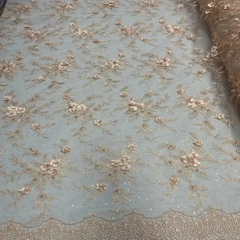Fashion 3D Flowers Floral Beaded Lace Fabric