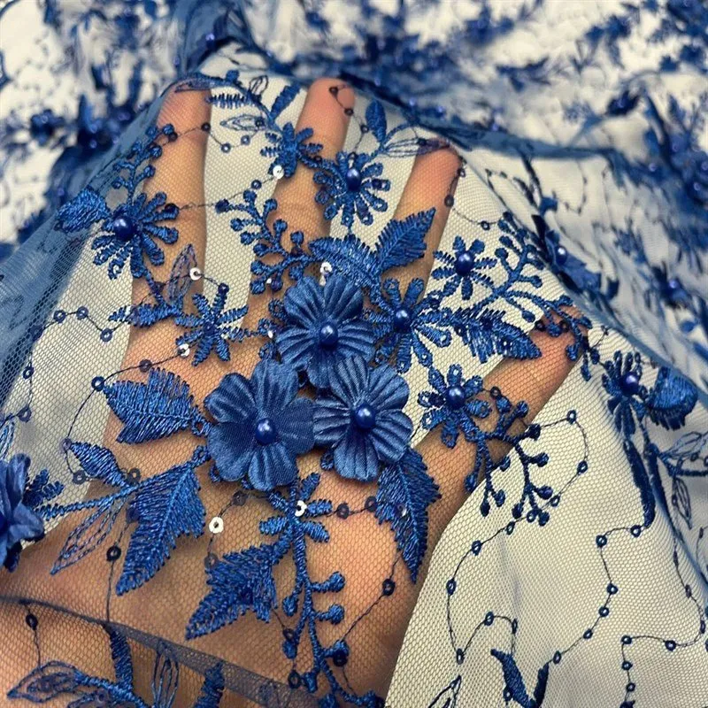 Fashion 3D Flowers Floral Beaded Lace Fabric