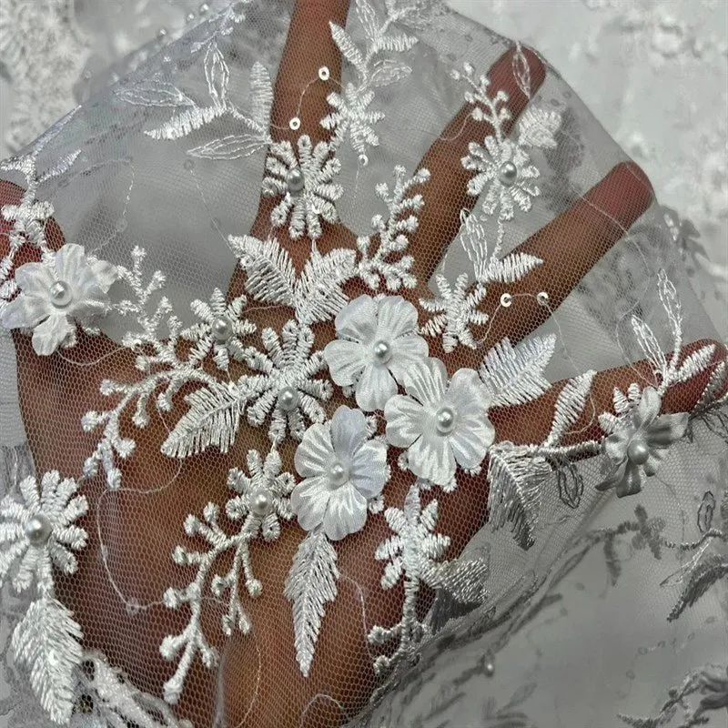 Fashion 3D Flowers Floral Beaded Lace Fabric