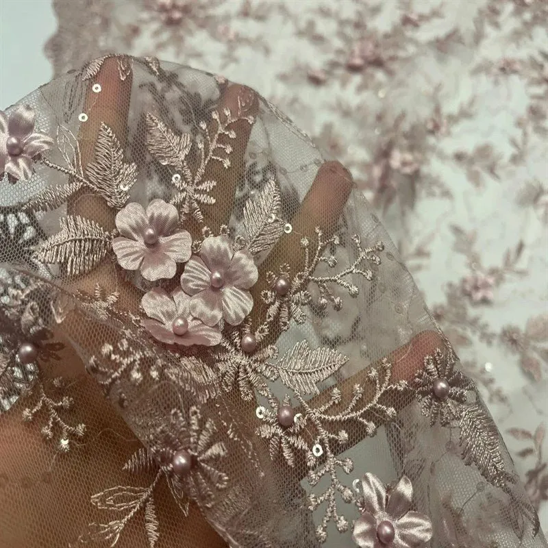 Fashion 3D Flowers Floral Beaded Lace Fabric