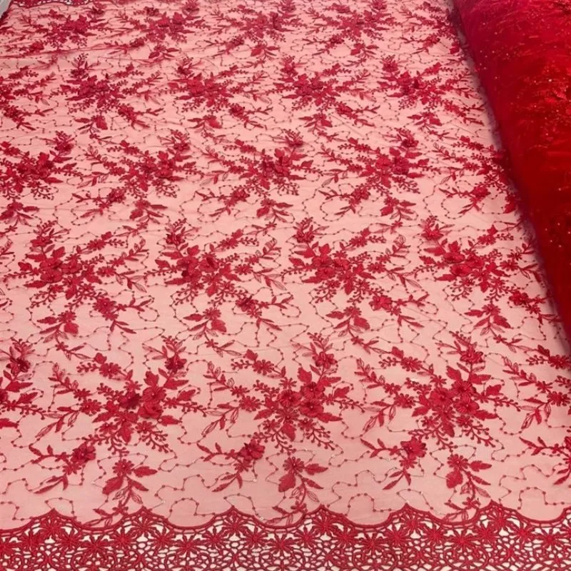 Fashion 3D Flowers Floral Beaded Lace Fabric