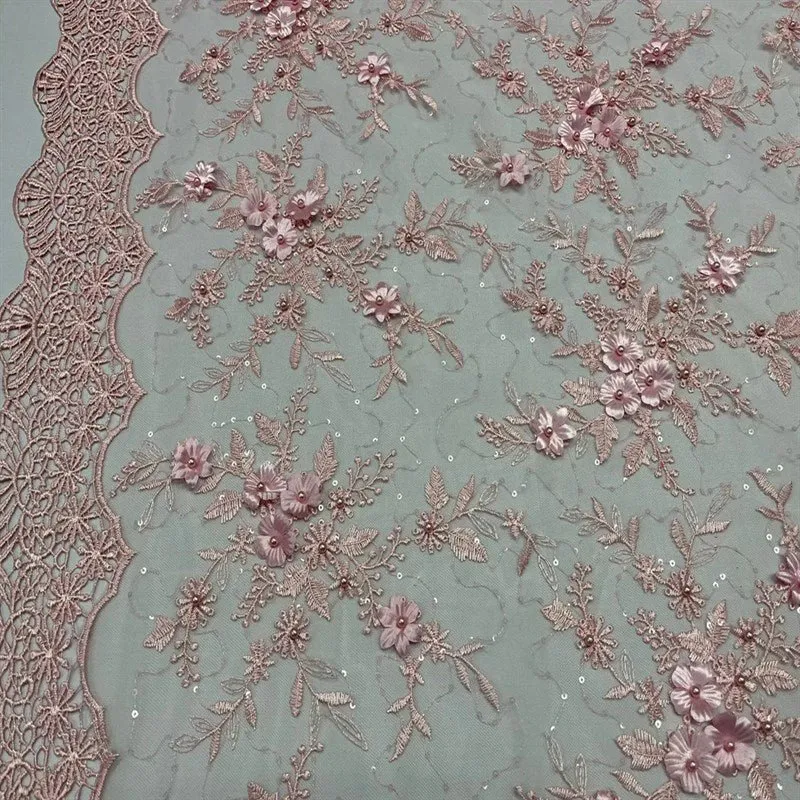 Fashion 3D Flowers Floral Beaded Lace Fabric